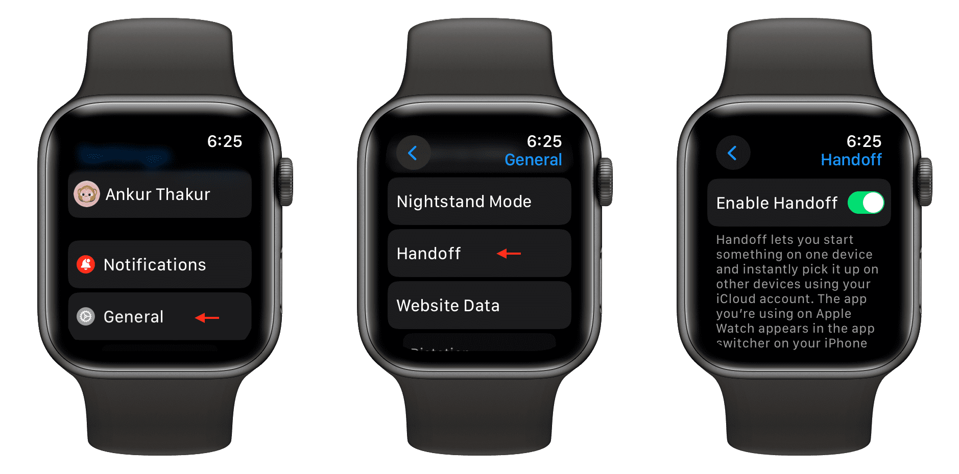 Handoff settings on Apple Watch