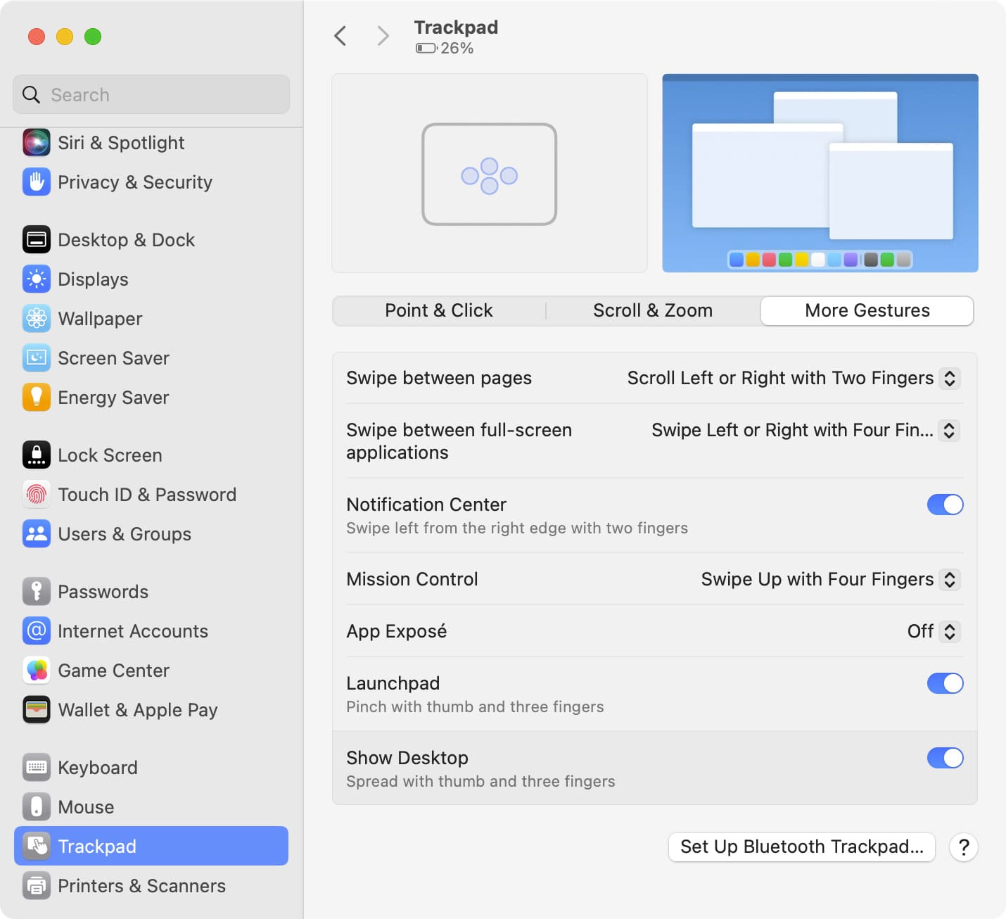 More Gestures in Trackpad settings on Mac