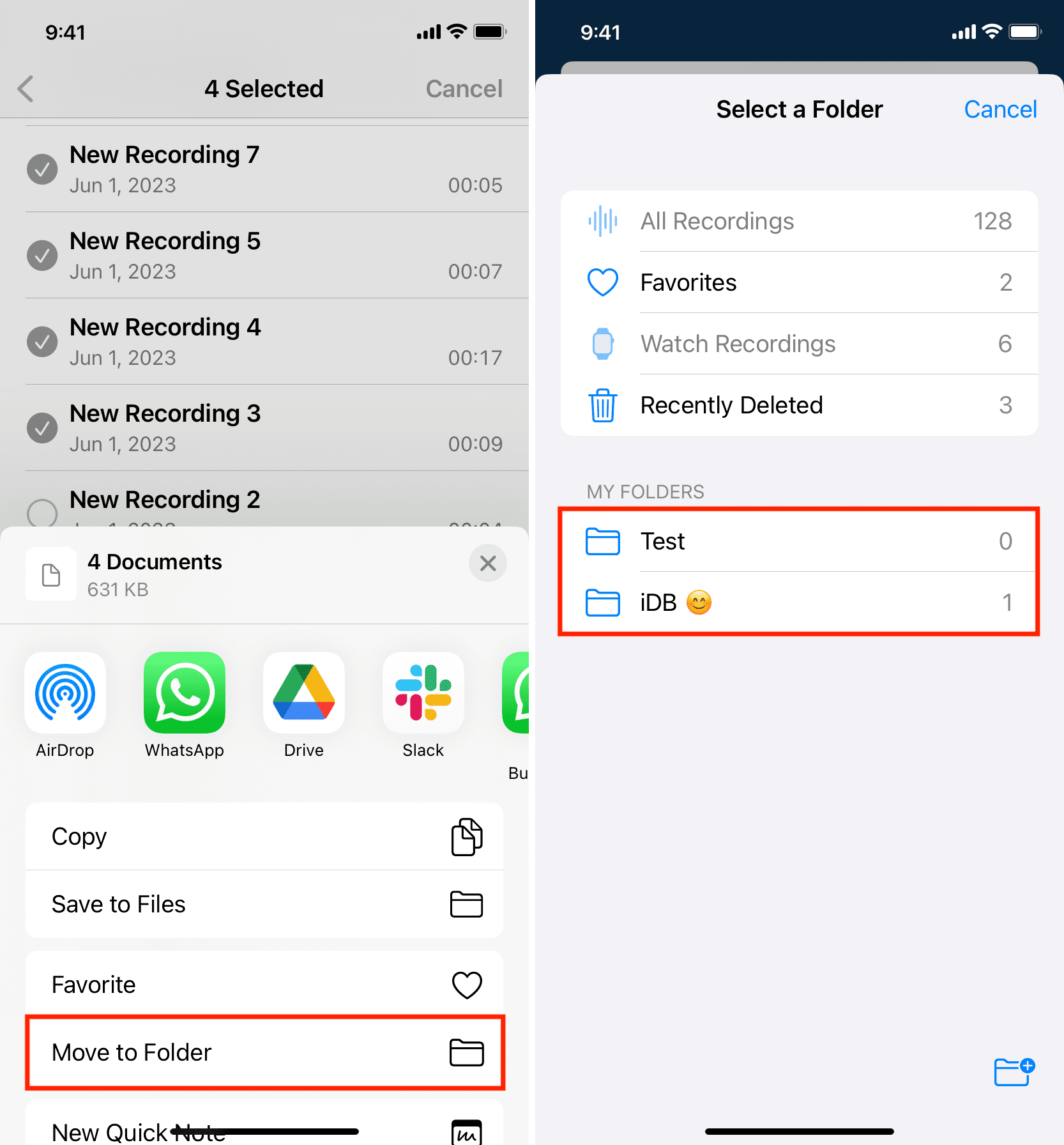 Move voice recordings to another folder on iPhone