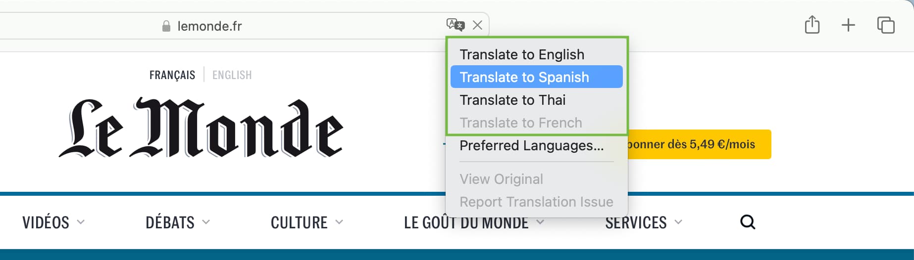 Option to translate web page into multiple languages in Safari on Mac