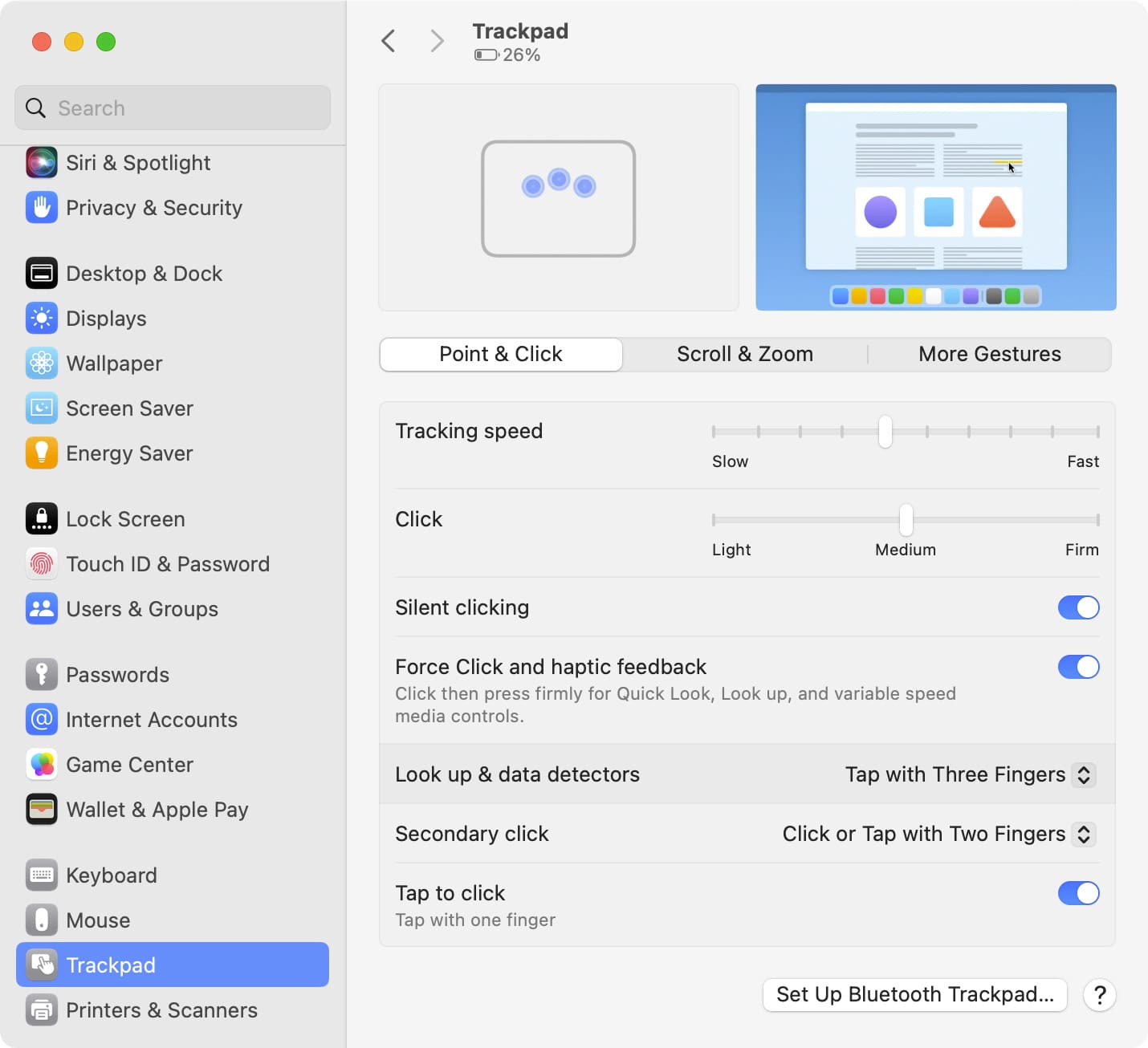 Point and Click Trackpad settings on Mac