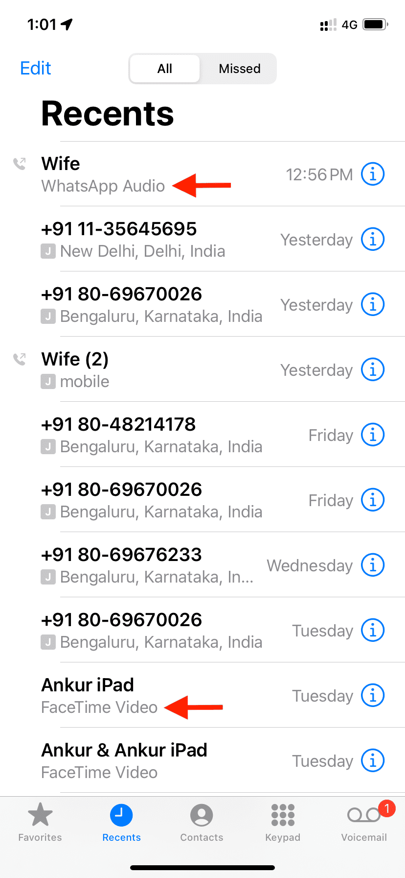 Recents tab of iPhone Phone app showing WhatsApp, carrier, and FaceTime calls