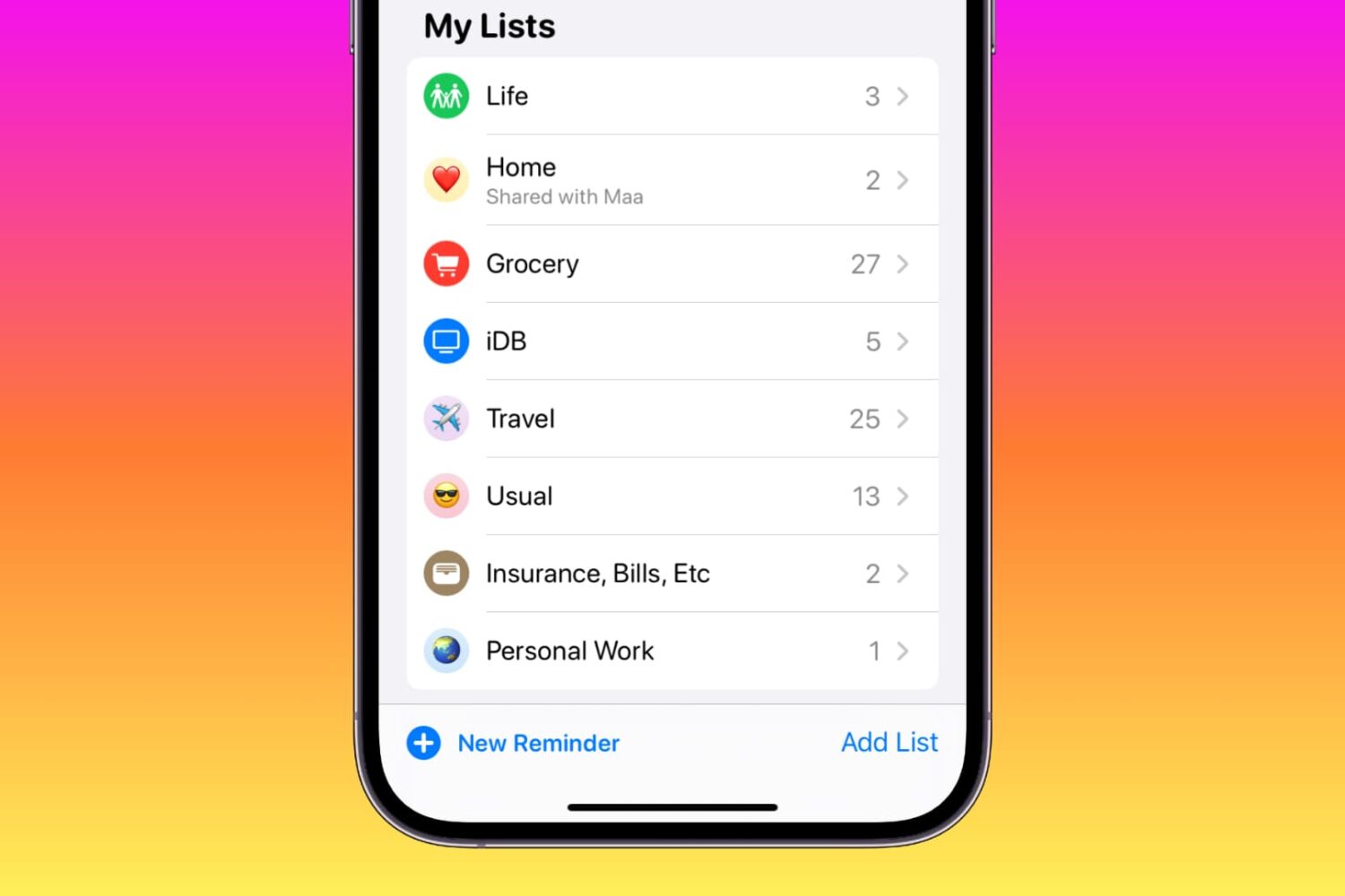 Reminder Lists on iPhone personalized in various colors, icons, and emojis