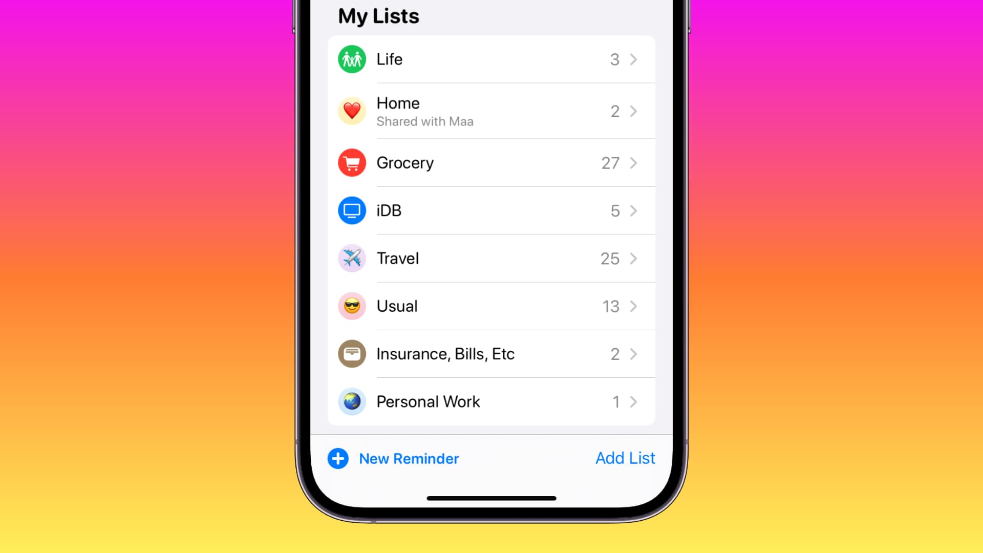 Reminder Lists on iPhone personalized in various colors, icons, and emojis