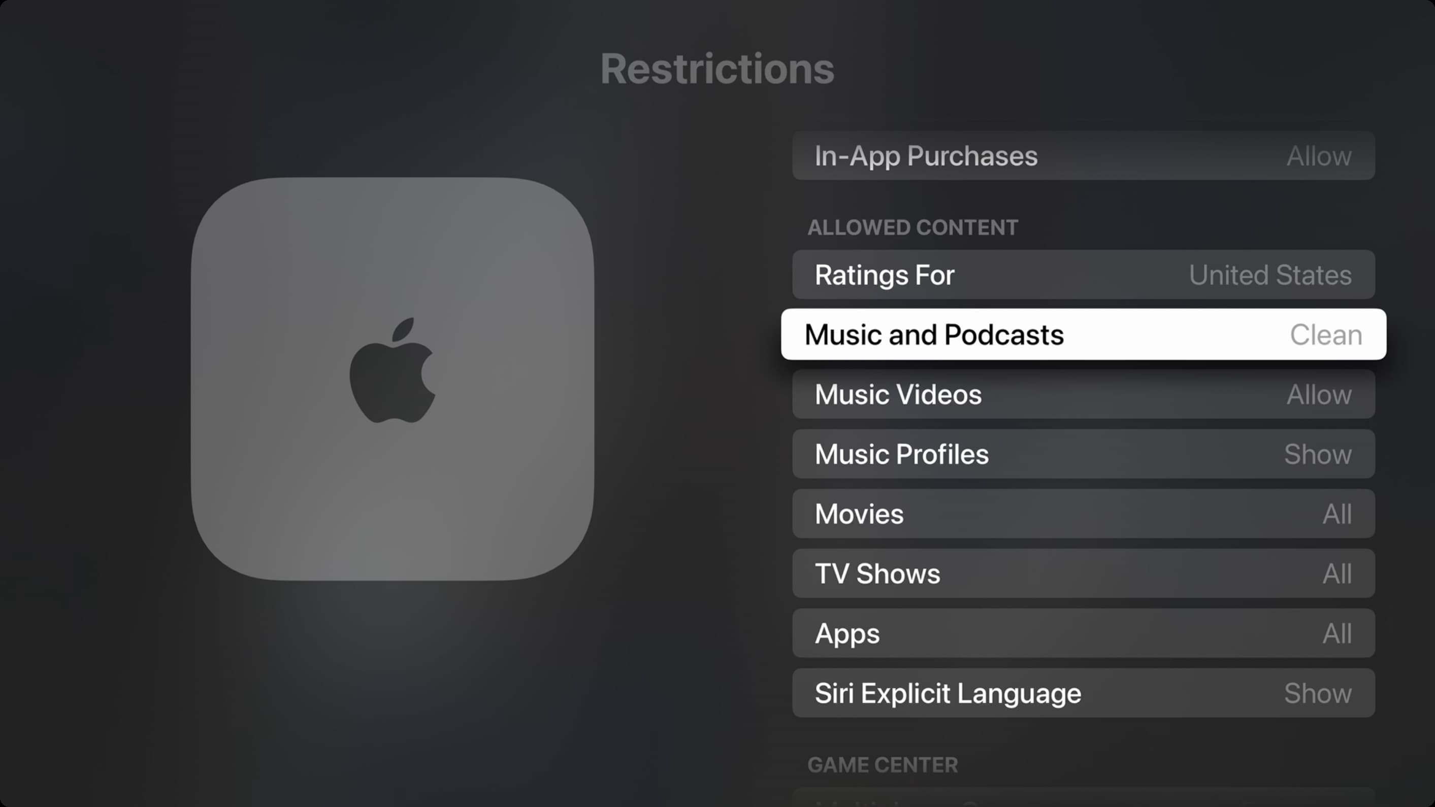 Restrictions settings on Apple TV