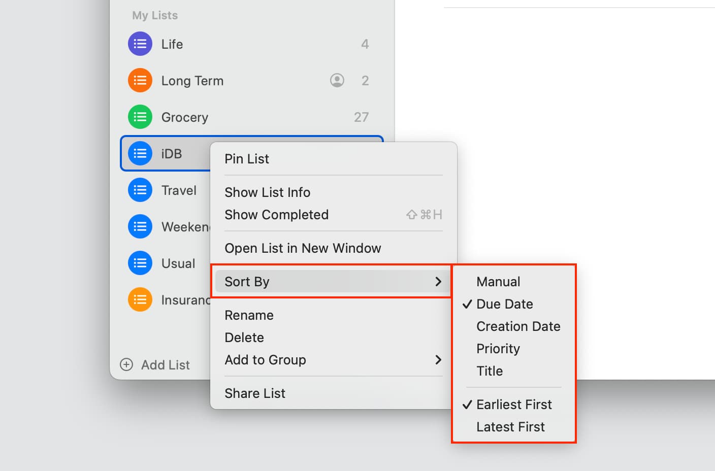 Right-click on a list to sort reminders on Mac