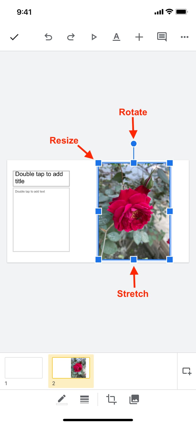 Rotate, resize and stretch image in Google Slides on iPhone