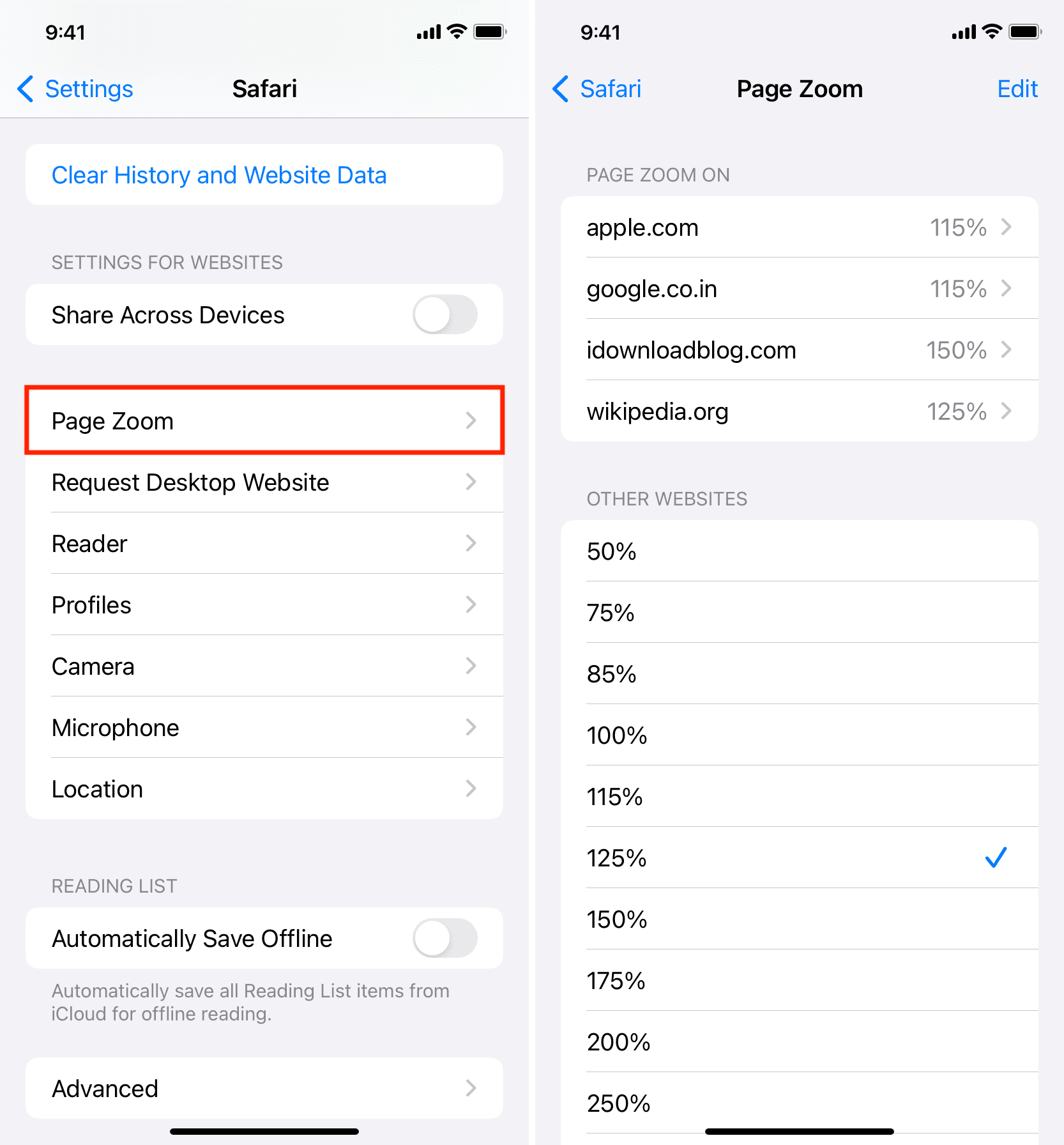 Safari Page Zoom settings for all websites on iPhone
