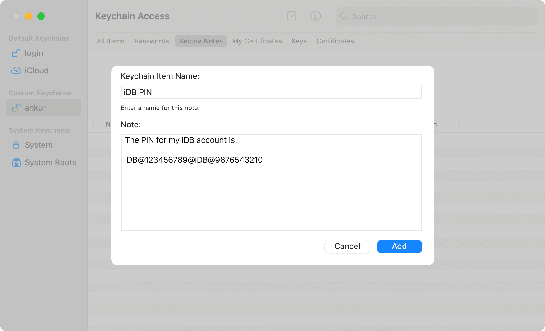 Save a secure note to Keychain Access app on Mac