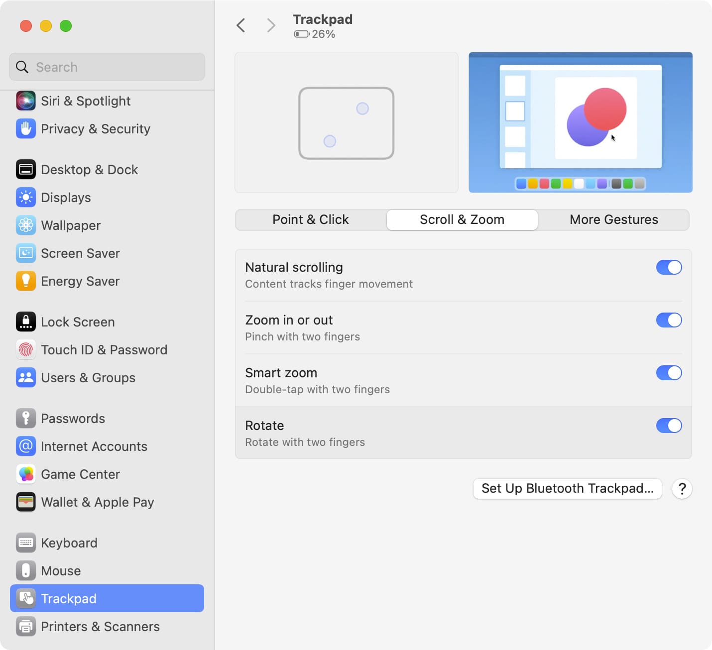 Scroll and Zoom Trackpad settings on Mac
