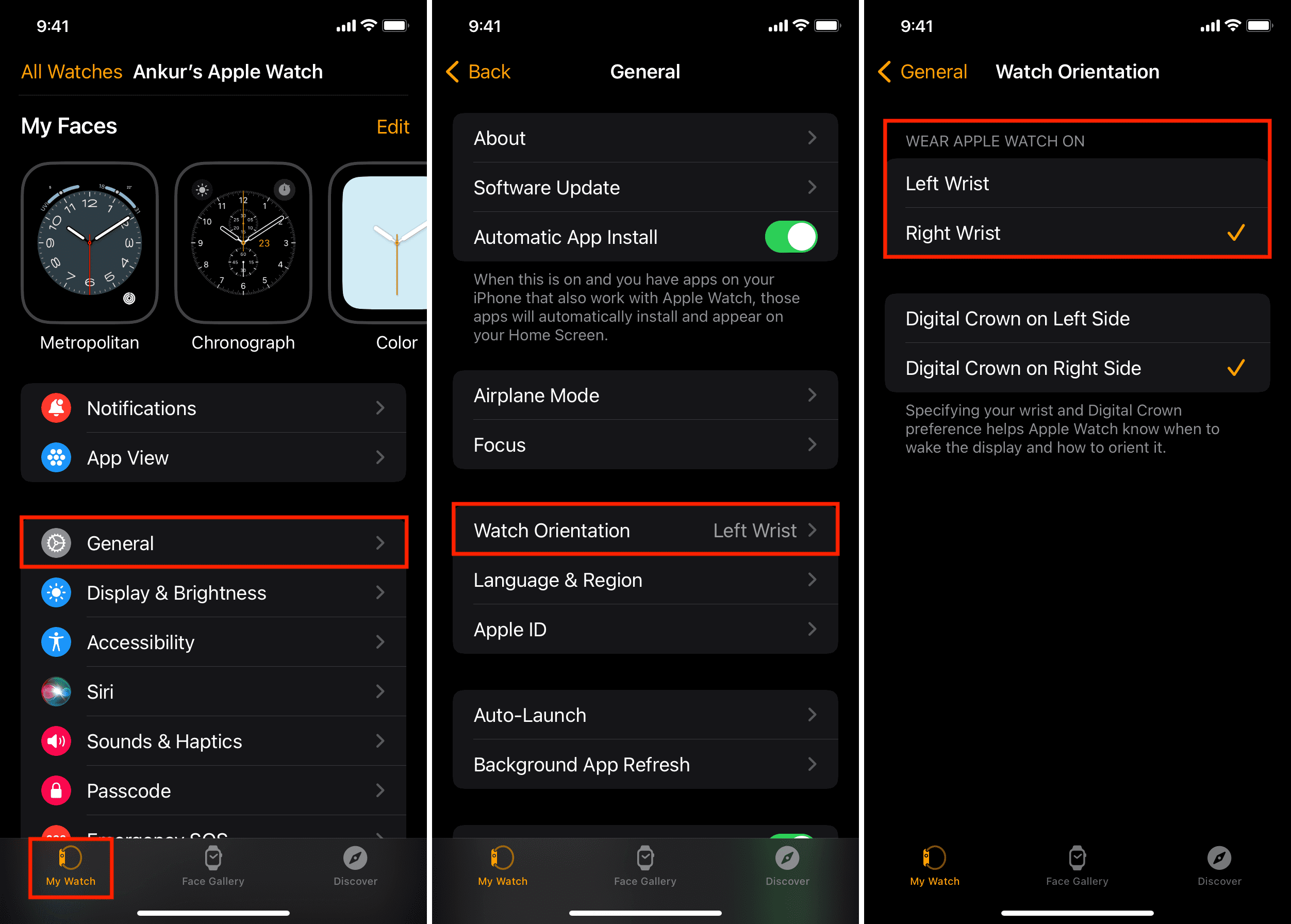 Select Right Wrist in iPhone Watch app Orientation settings