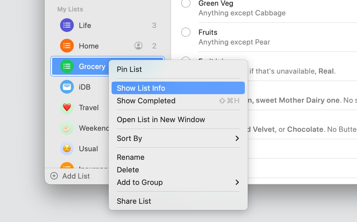 Show List Info in Reminders on Mac