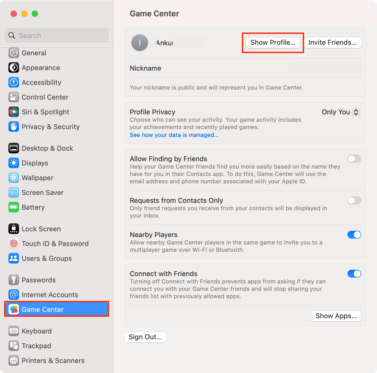 Show Profile in Game Center System Settings on Mac