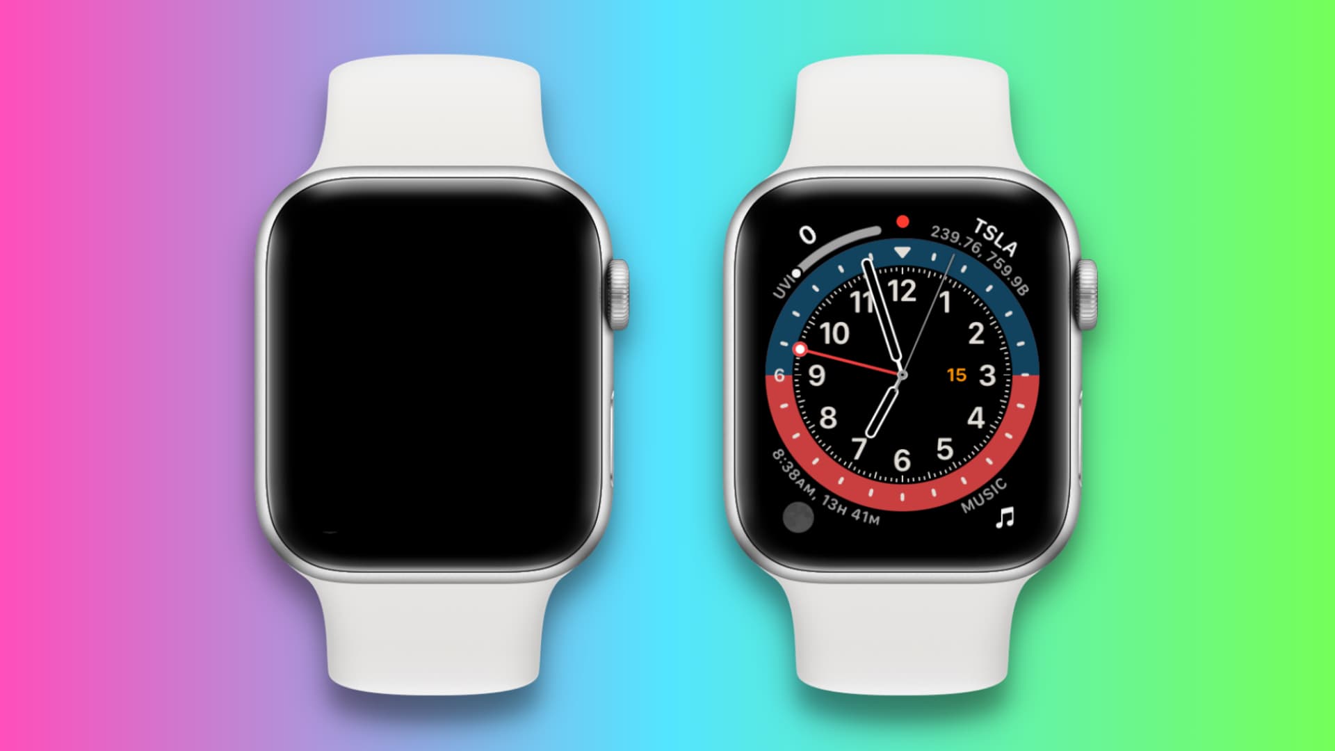 Two Apple Watch mockups, with one showing its screen blacked out and another showing the watch face