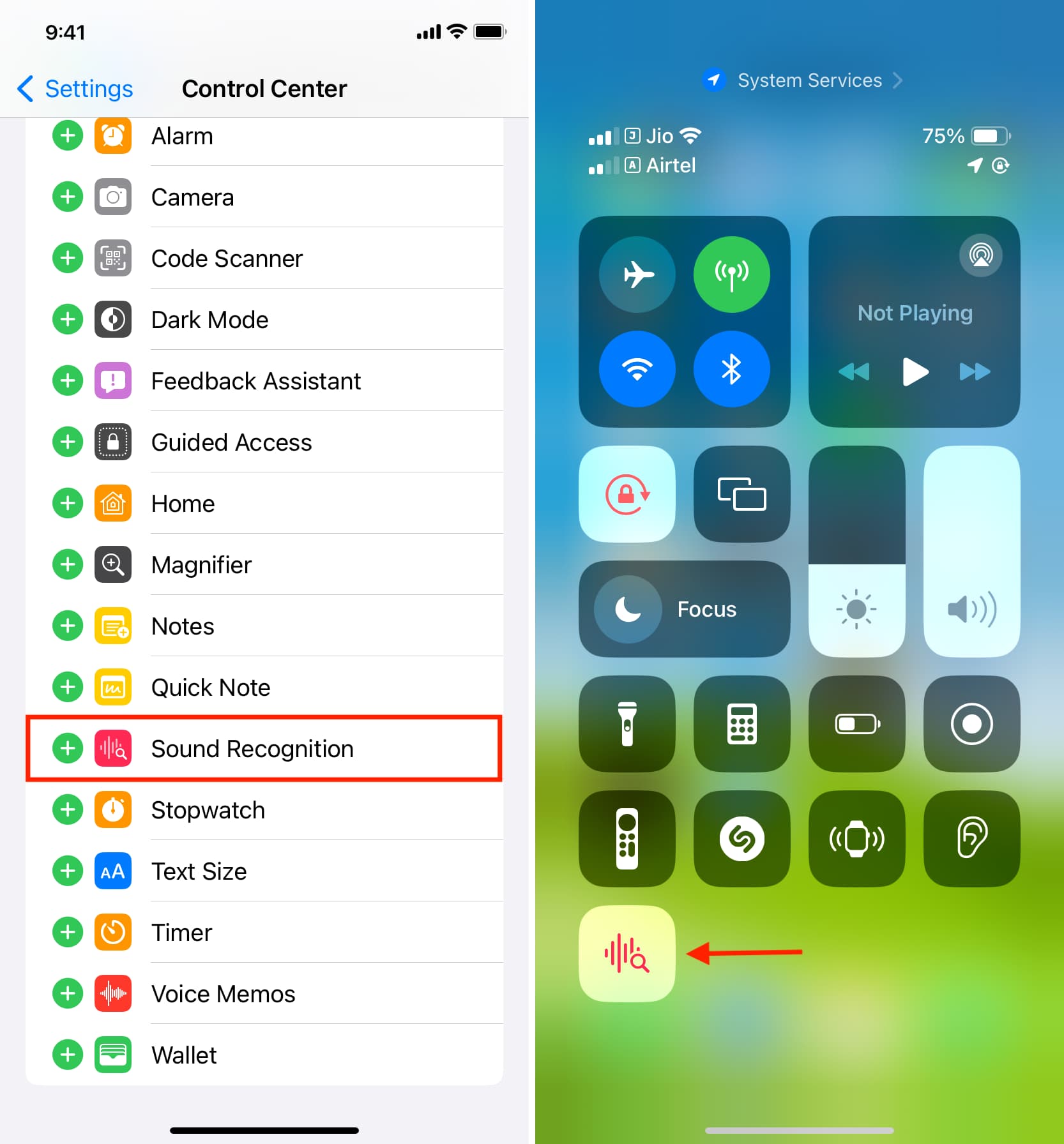 Sound Recognition toggle in iOS Control Center