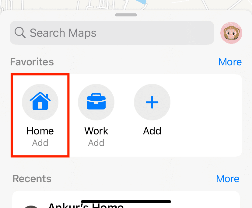 Tap Home under Favorites in Maps on iPhone