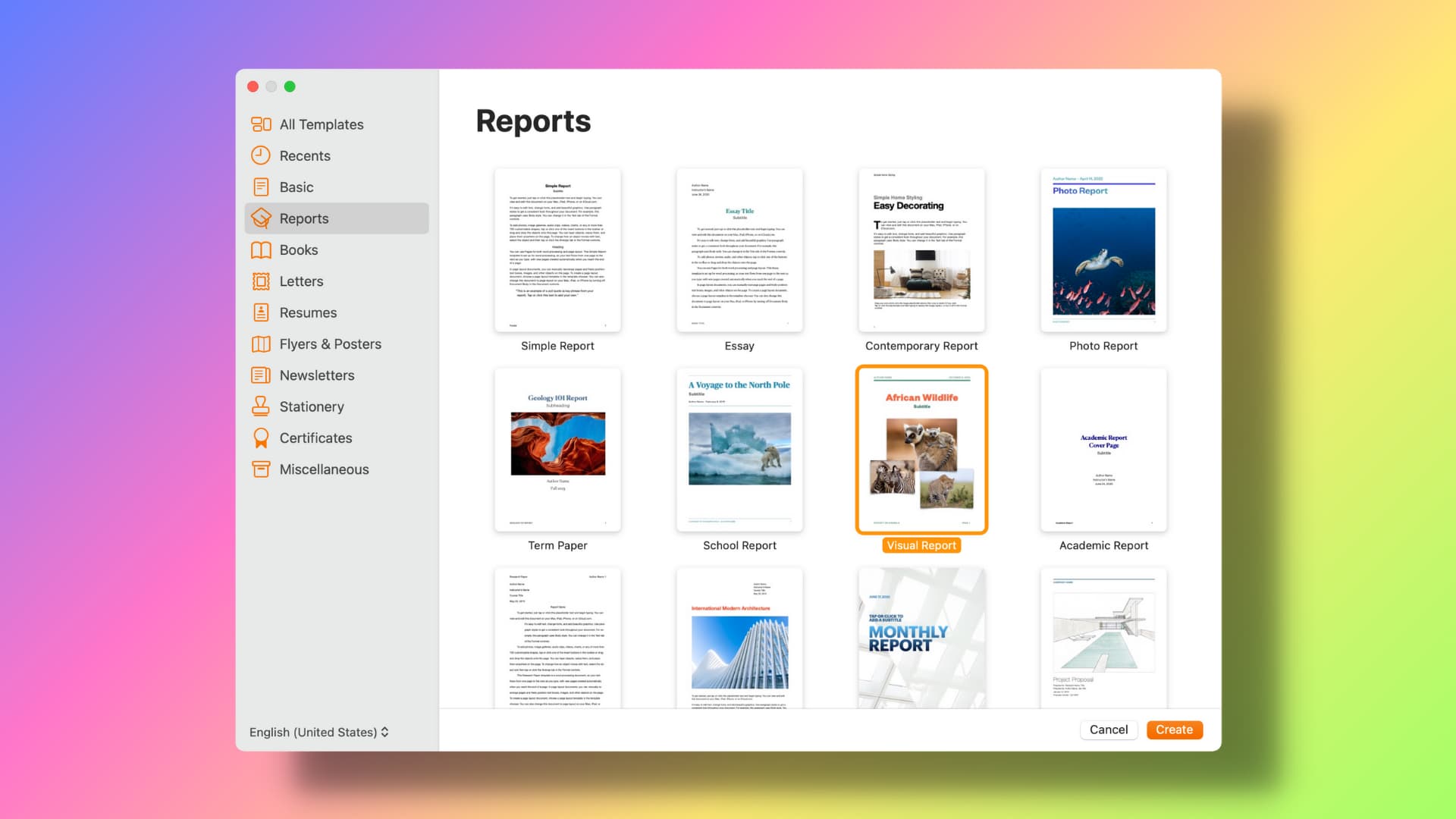 Templates chooser in the Pages app on Mac