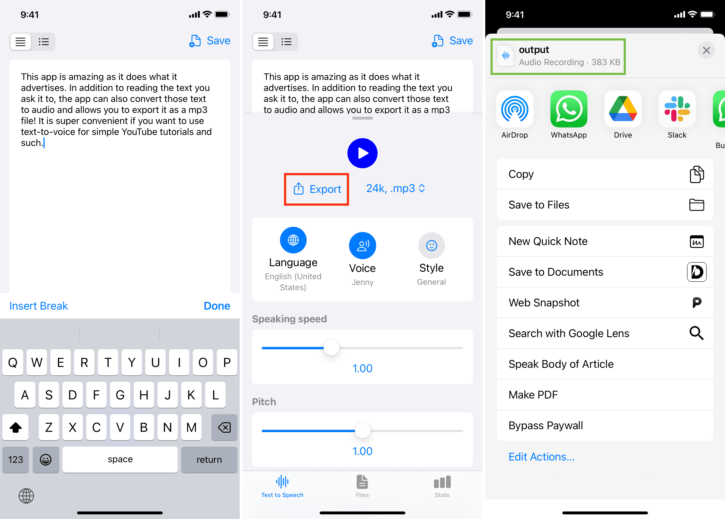 Text to Speech Voice Reader app on iPhone to export text as audio file