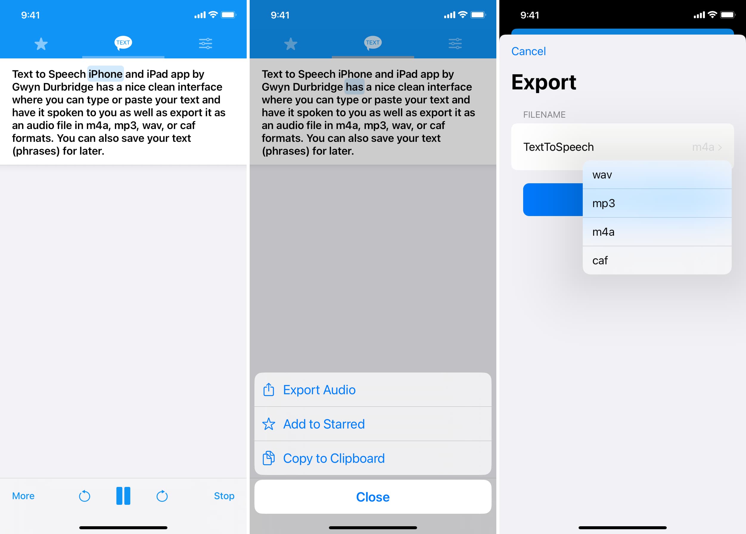 Text to Speech app on iPhone to listen to custom text and export its audio file
