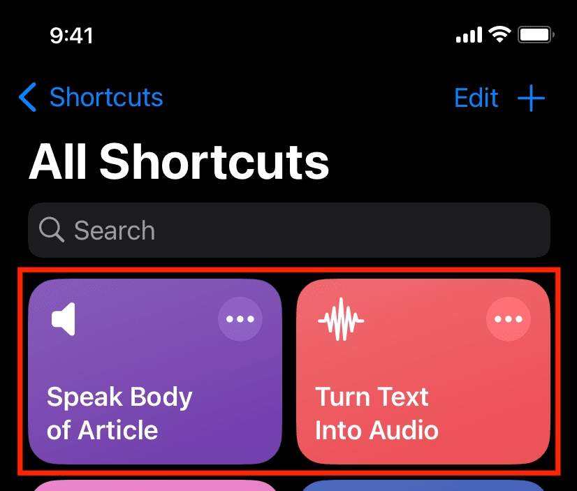 Turn Text Into Audio and Speak Body of Article shortcuts on iPhone