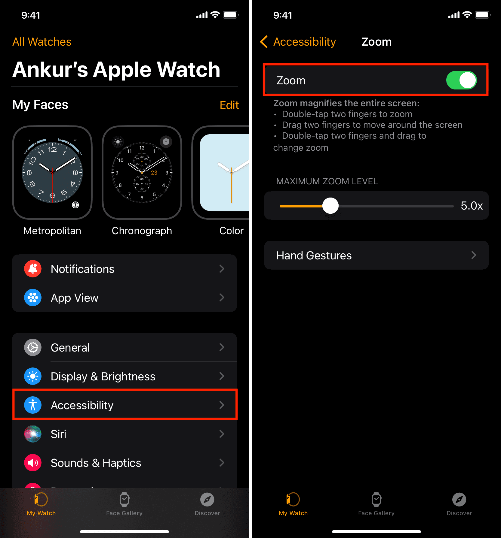 Turn on screen Zoom on Apple Watch from iPhone Watch app accessibility settings