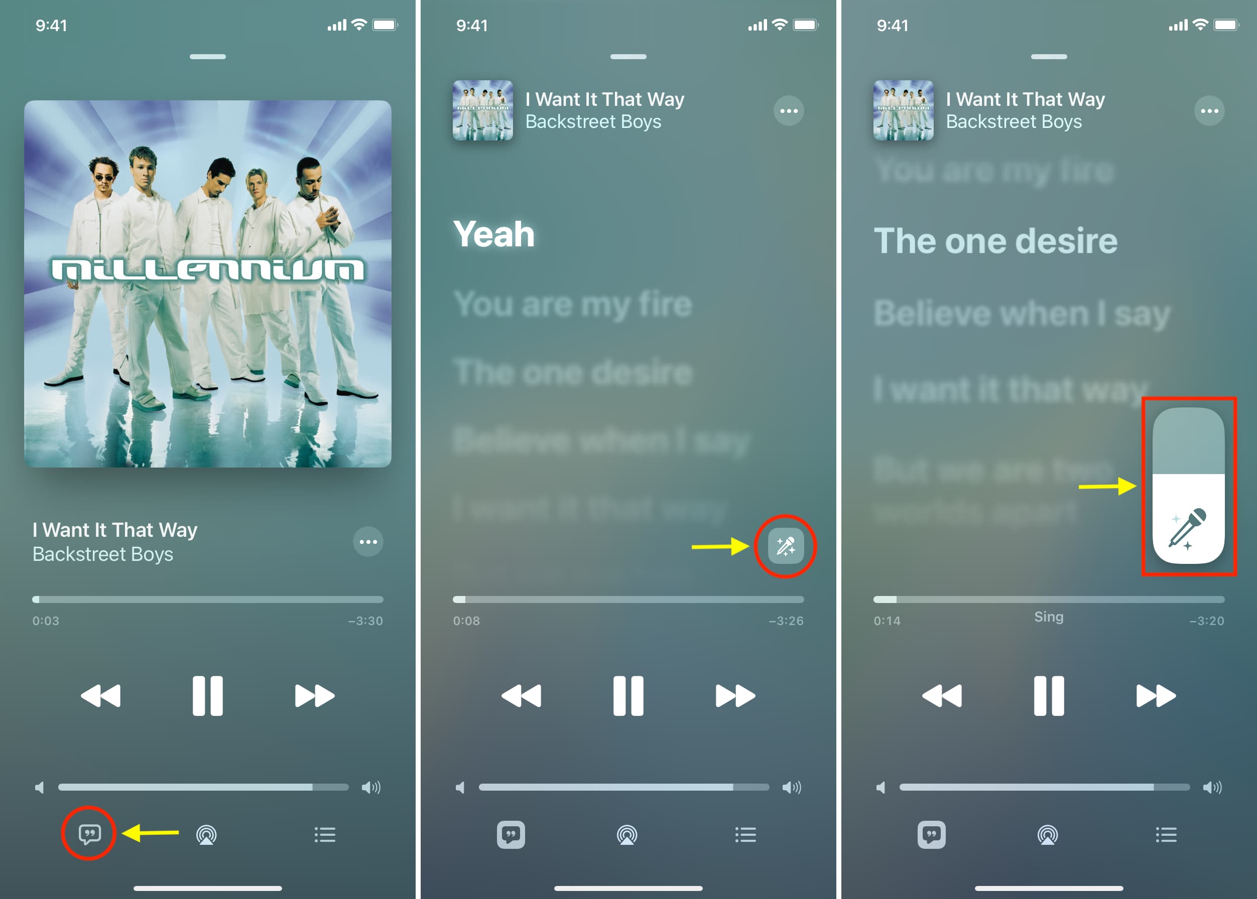Three highlighted screenshots showing how to using Apple Music Sing karaoke feature on iPhone