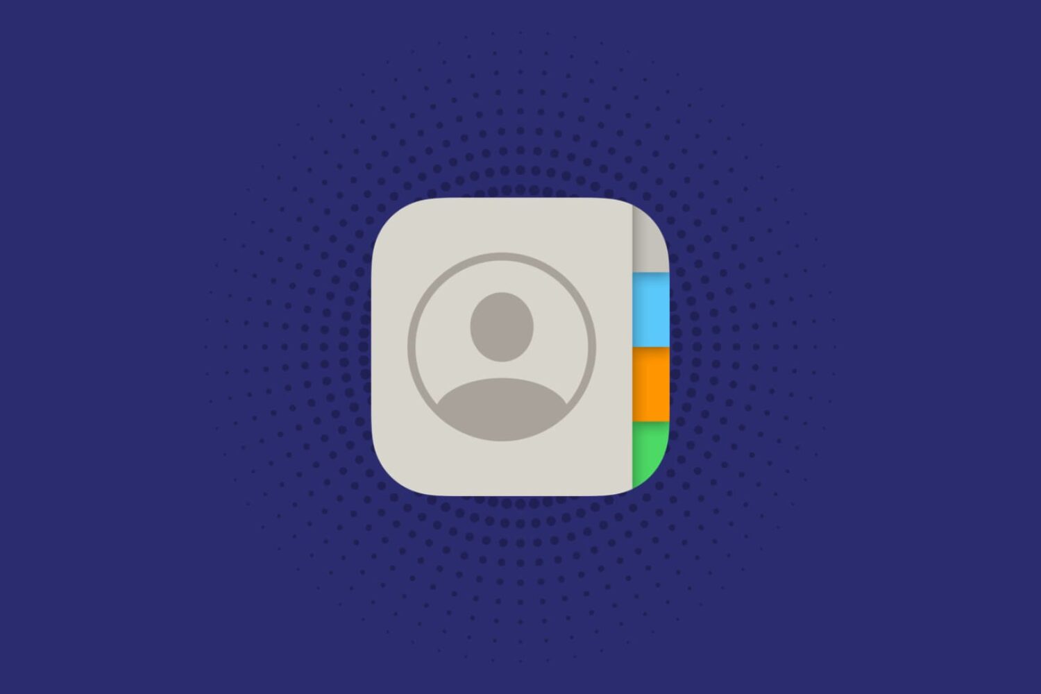 iPhone Contacts app icon on a solid violet blue background with little circle pattern in the background