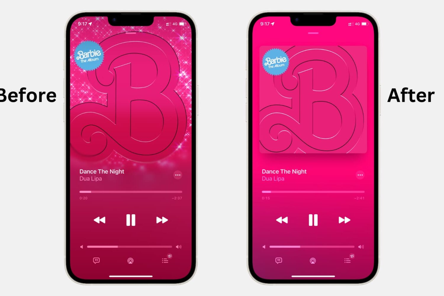Two iPhone Music app screenshots with one showing animated album artwork and the other with still artwork