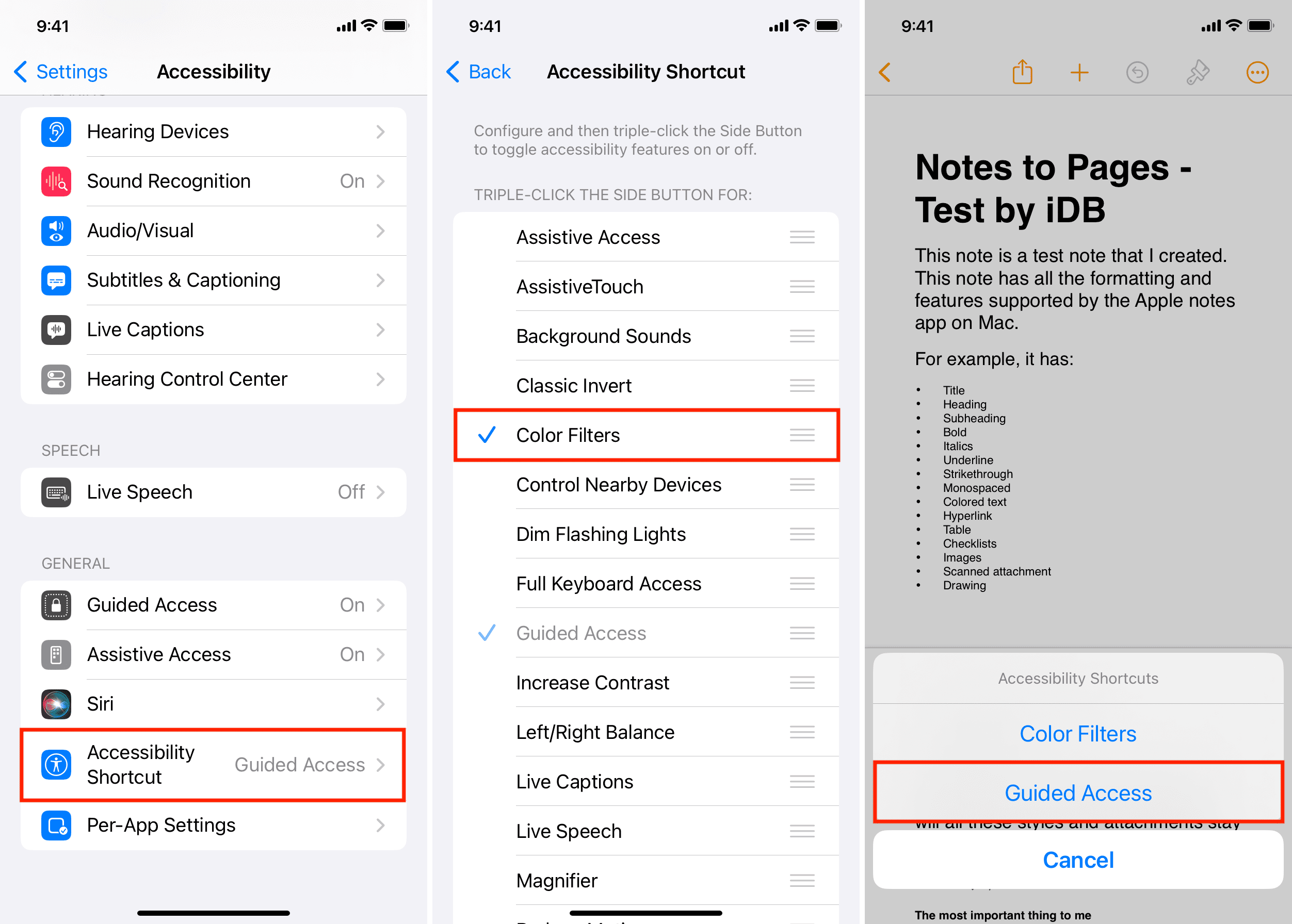 Accessibility Shortcut set to Guided Access and Color Filters on iPhone