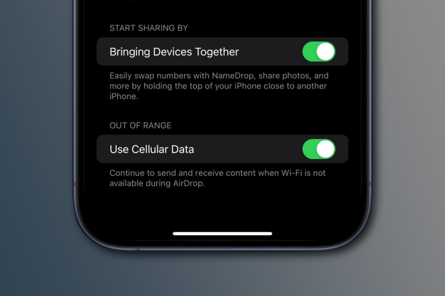 AirDrop settings on iPhone with the Bringing Devices Together and Use Cellular Data options turned on