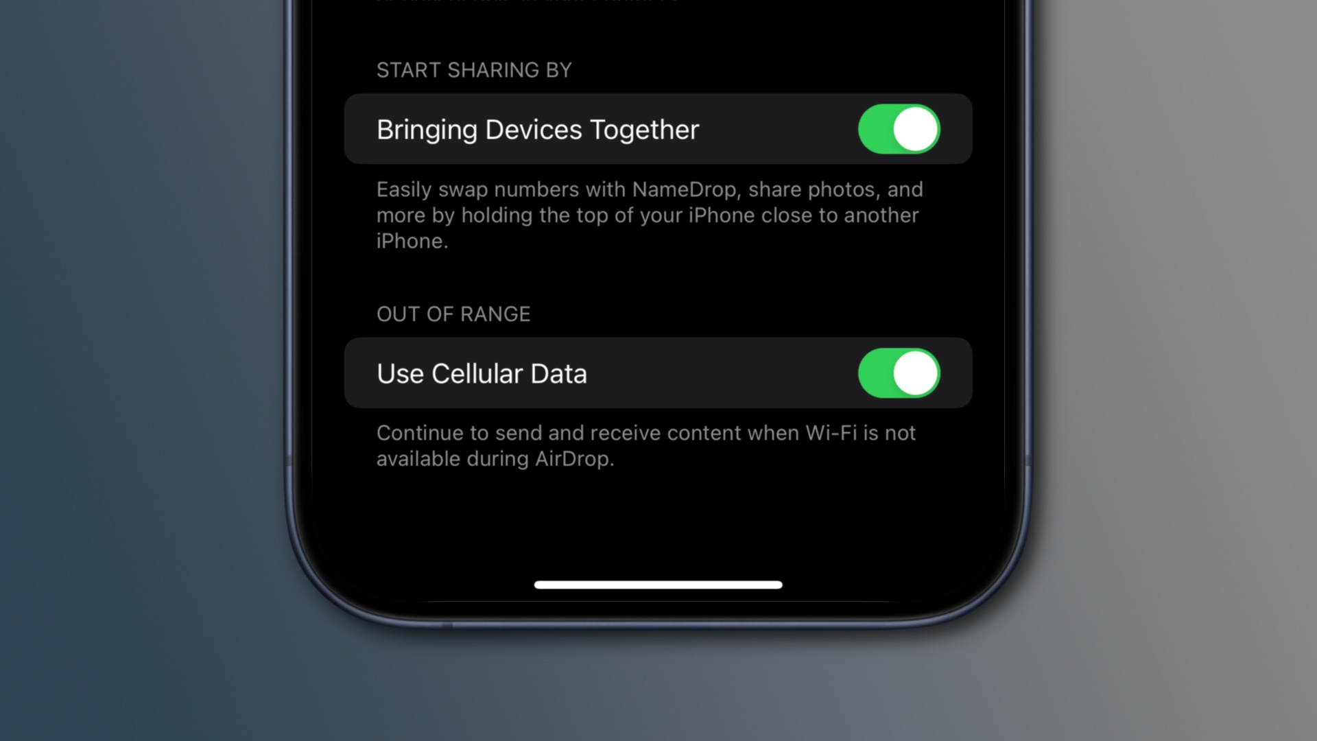 AirDrop settings on iPhone with the Bringing Devices Together and Use Cellular Data options turned on