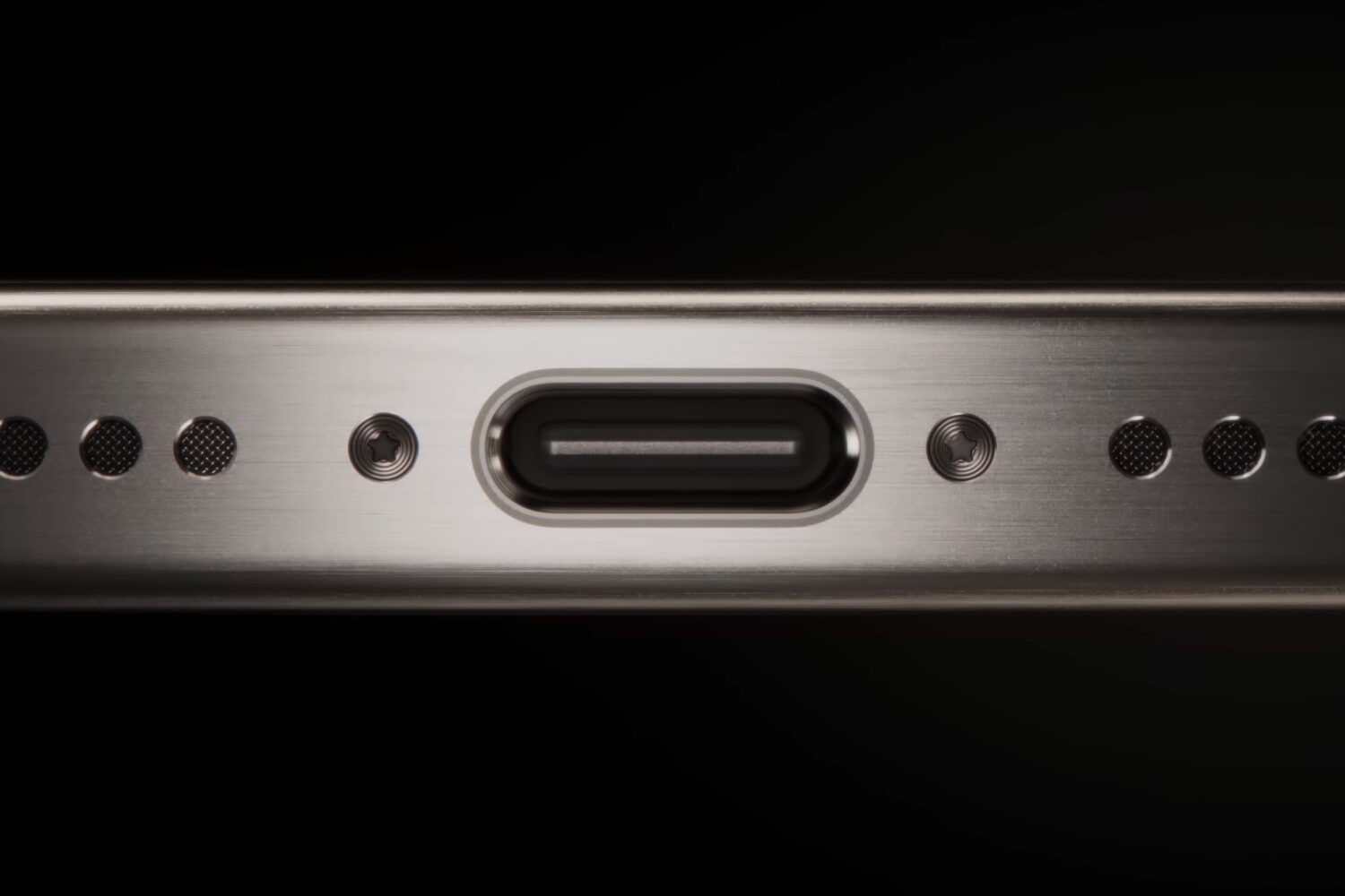Closeup of the USB-C port on the iPhone 15 Pro Max