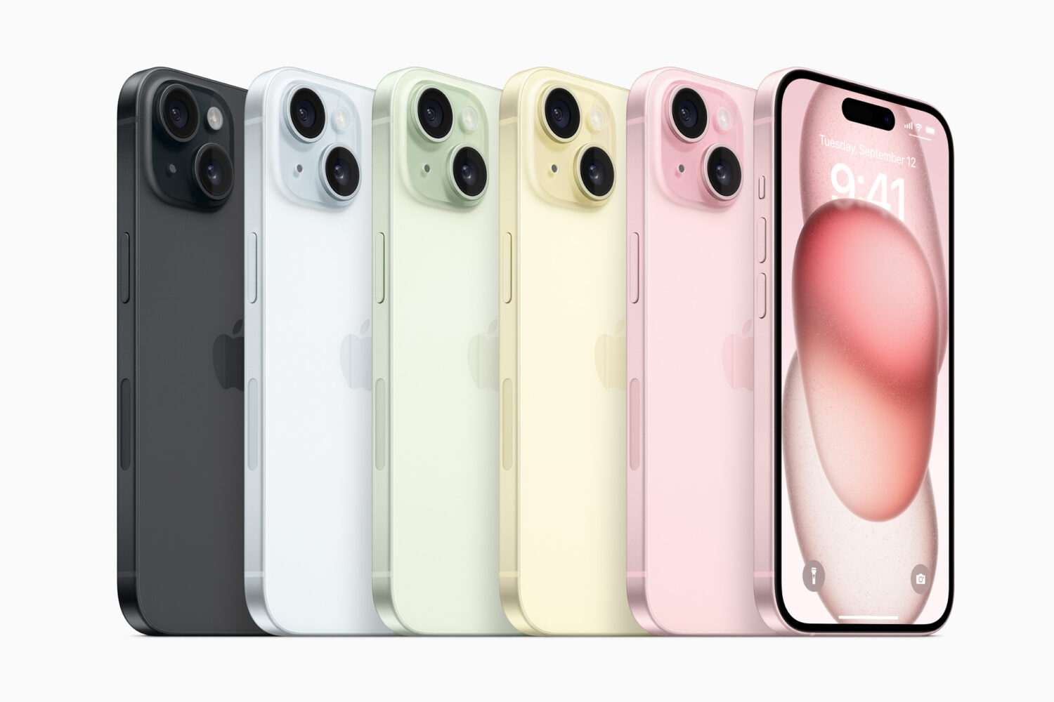 iPhone 15 and iPhone 15 Plus models in black, blue, green, yellow and pink