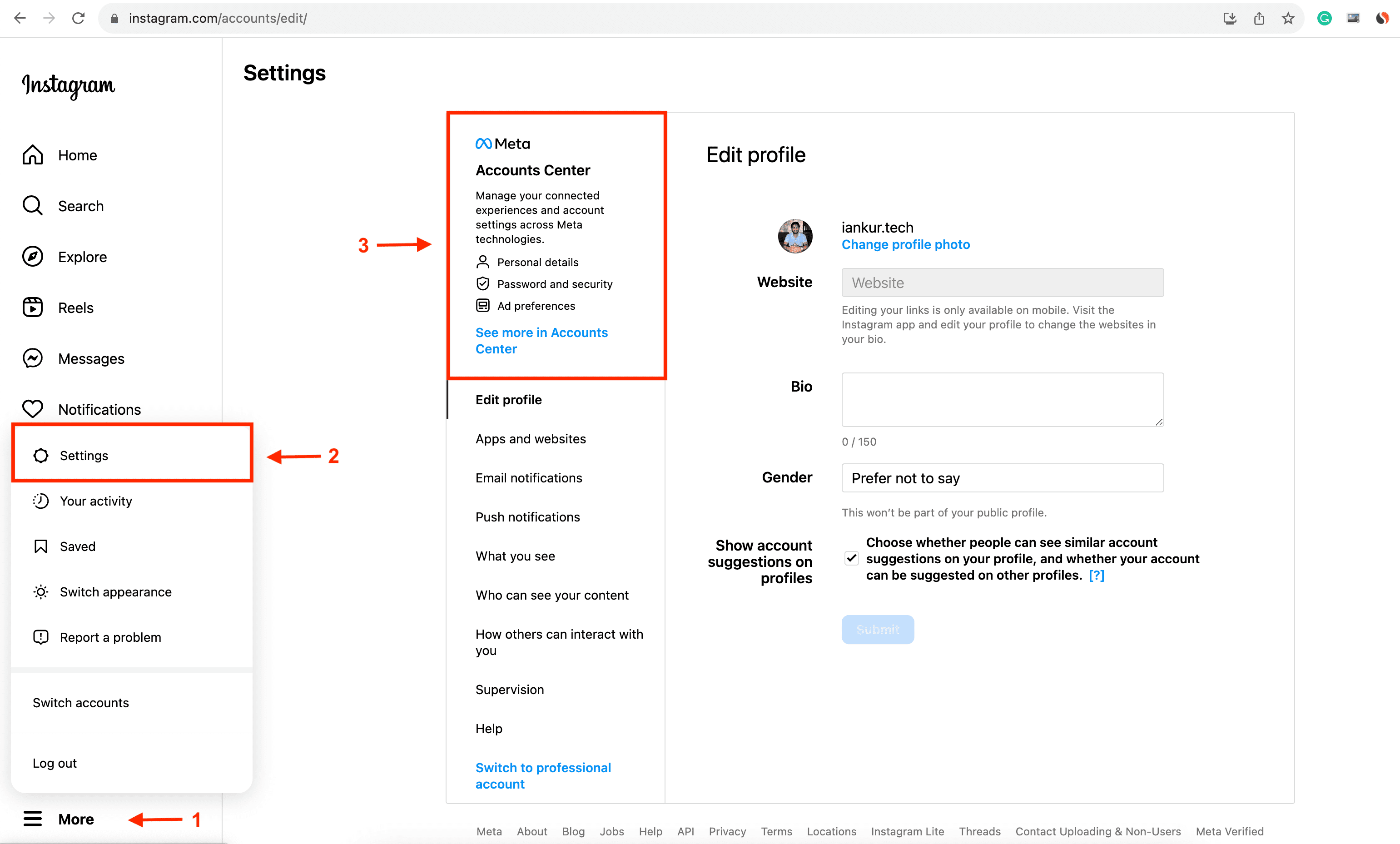 Click Meta Accounts Center from Instagram settings