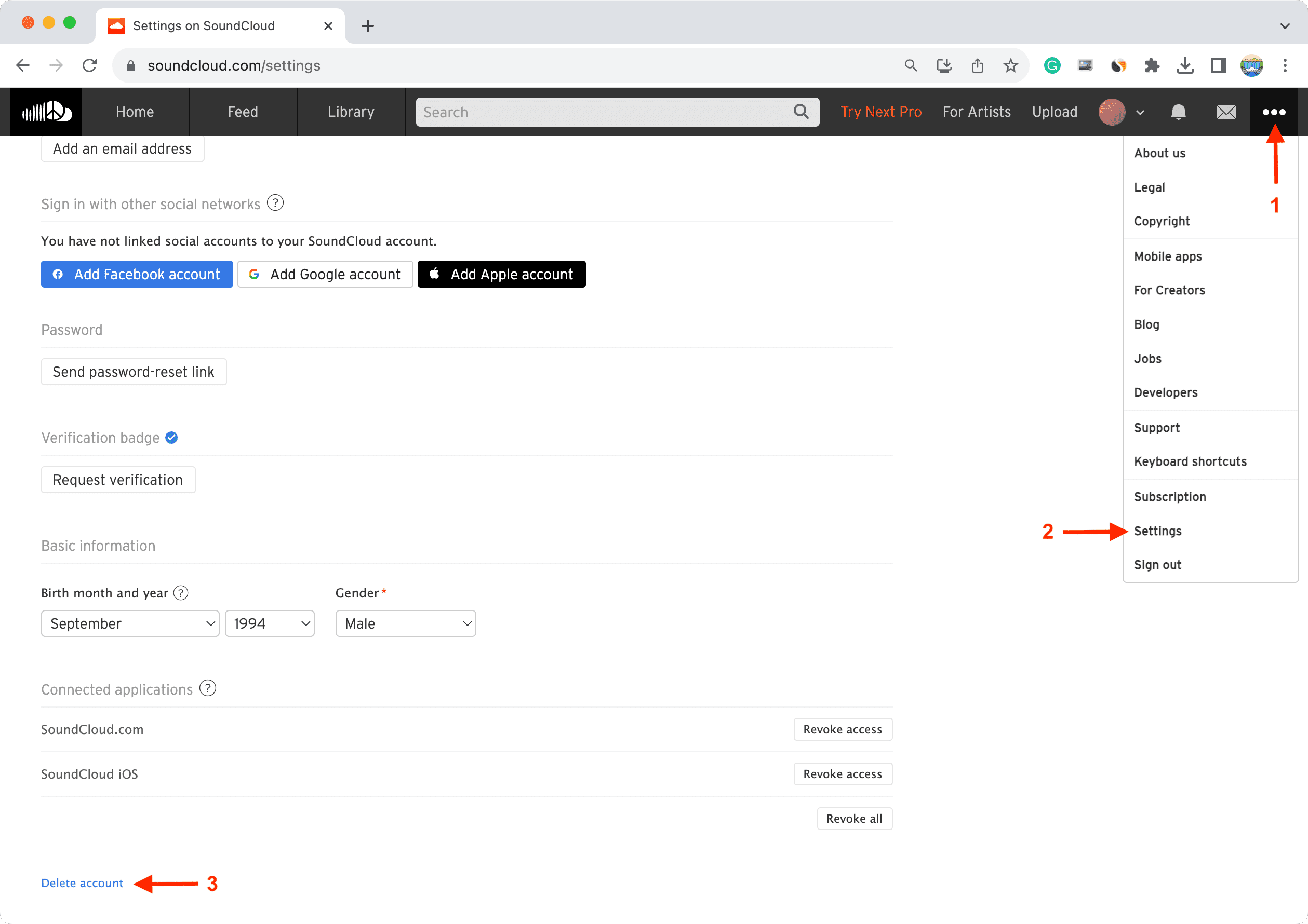 Delete account in SoundCloud settings on web