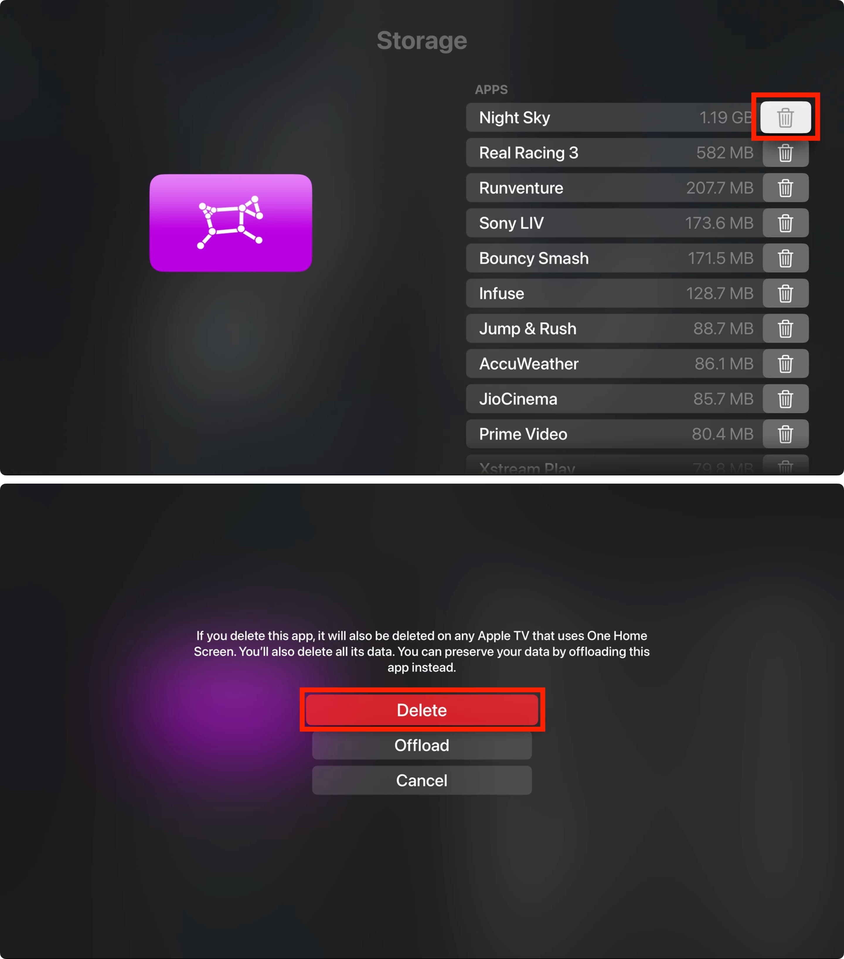 Delete app on Apple TV from Storage Settings