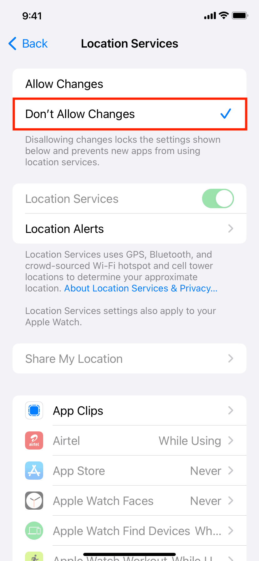 Do not allow changes to Location Services on iPhone