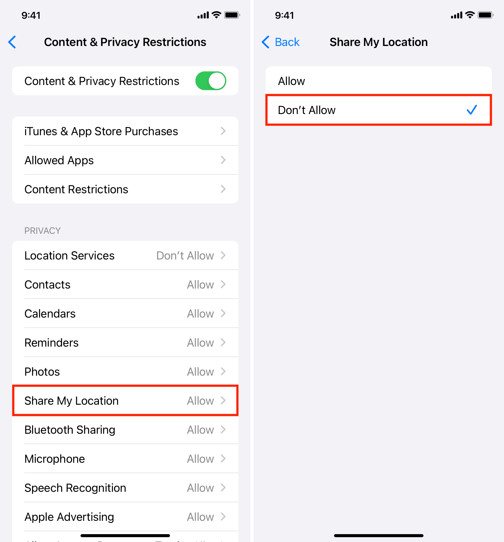 Do not allow sharing location on iPhone