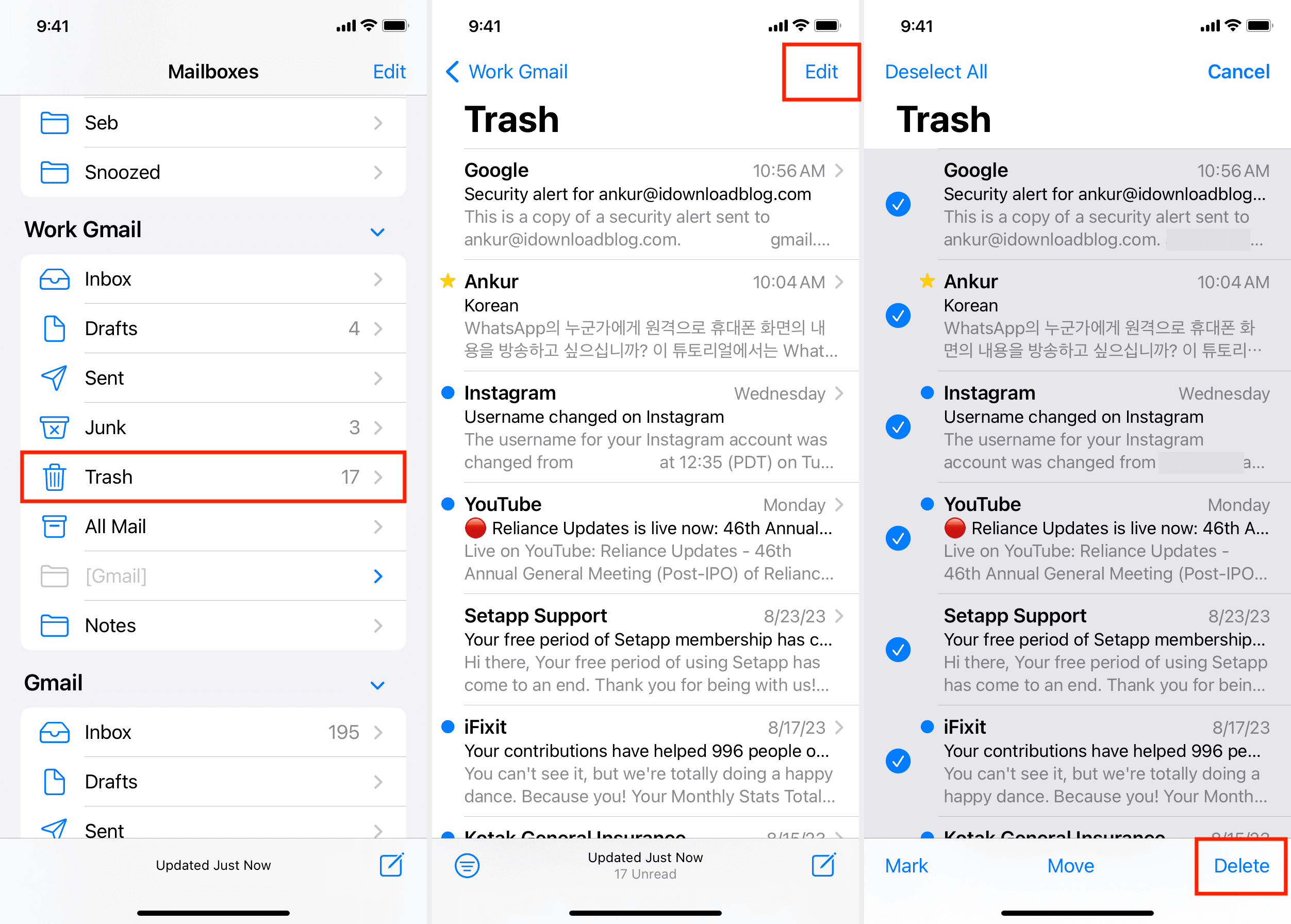 Empty Mail app Trash on iPhone