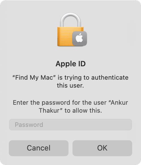 Find My Mac is trying to authenticate this user
