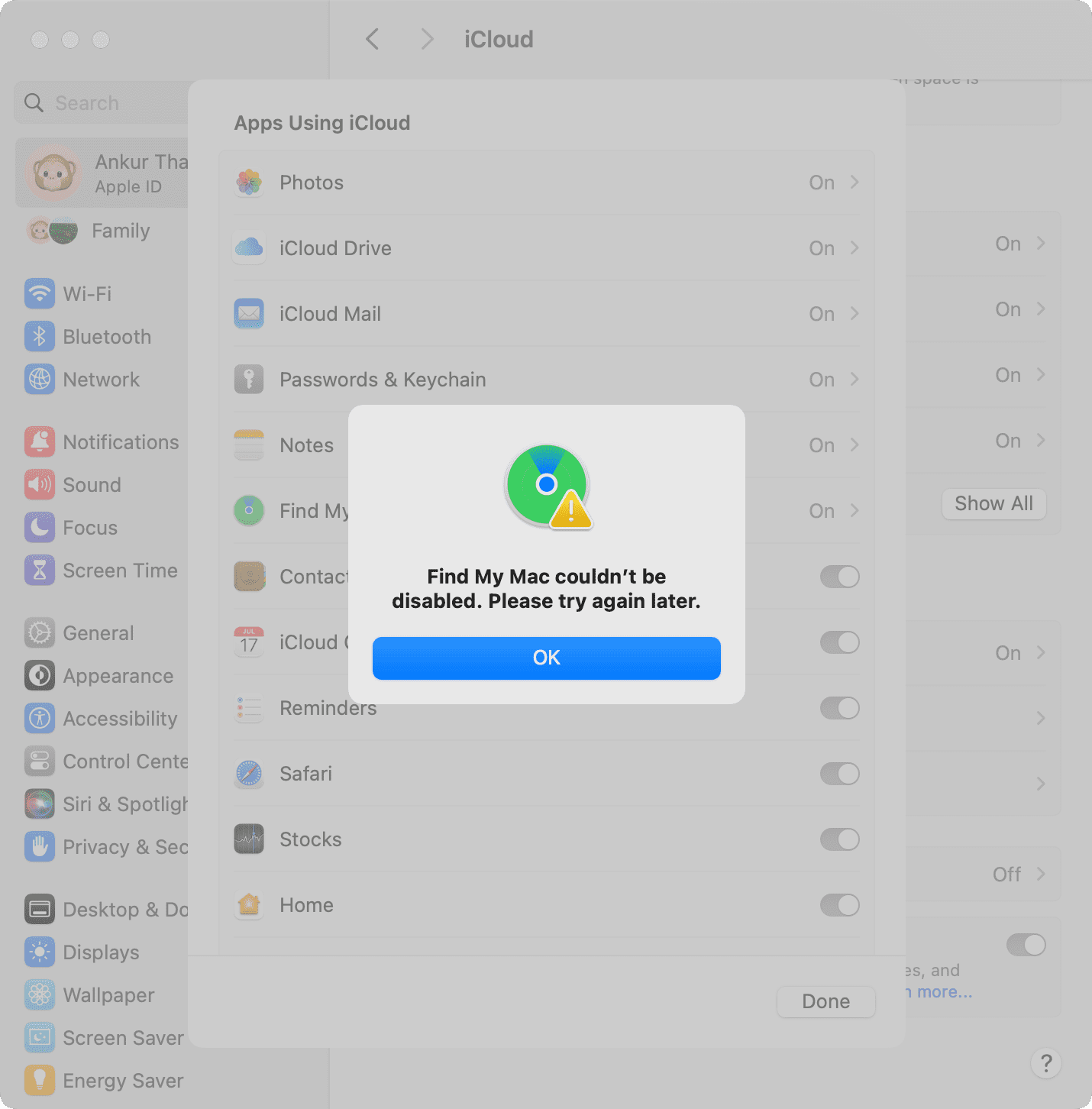 Find My could not be disabled error on Mac