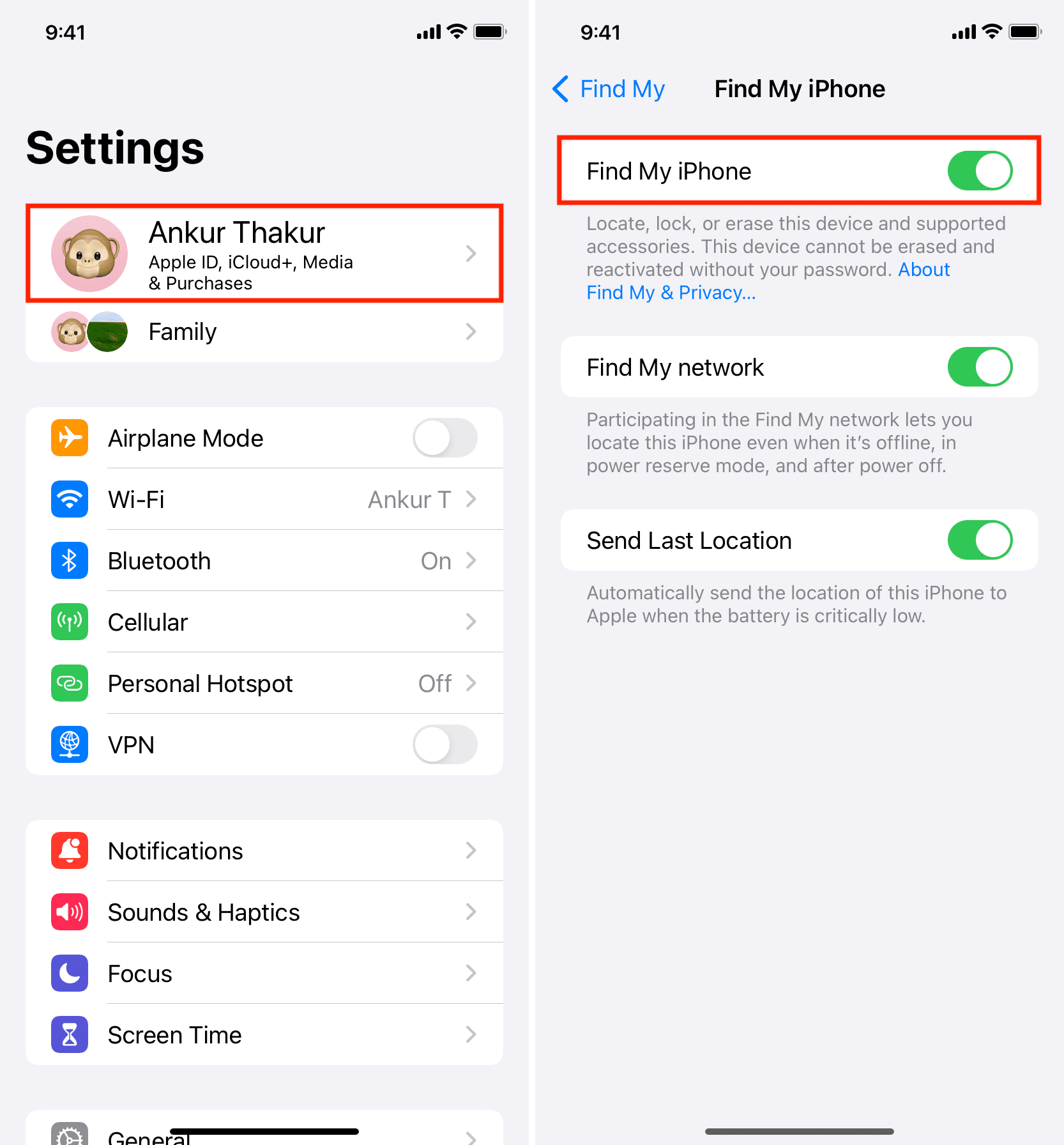 Find My iPhone option in iOS Settings