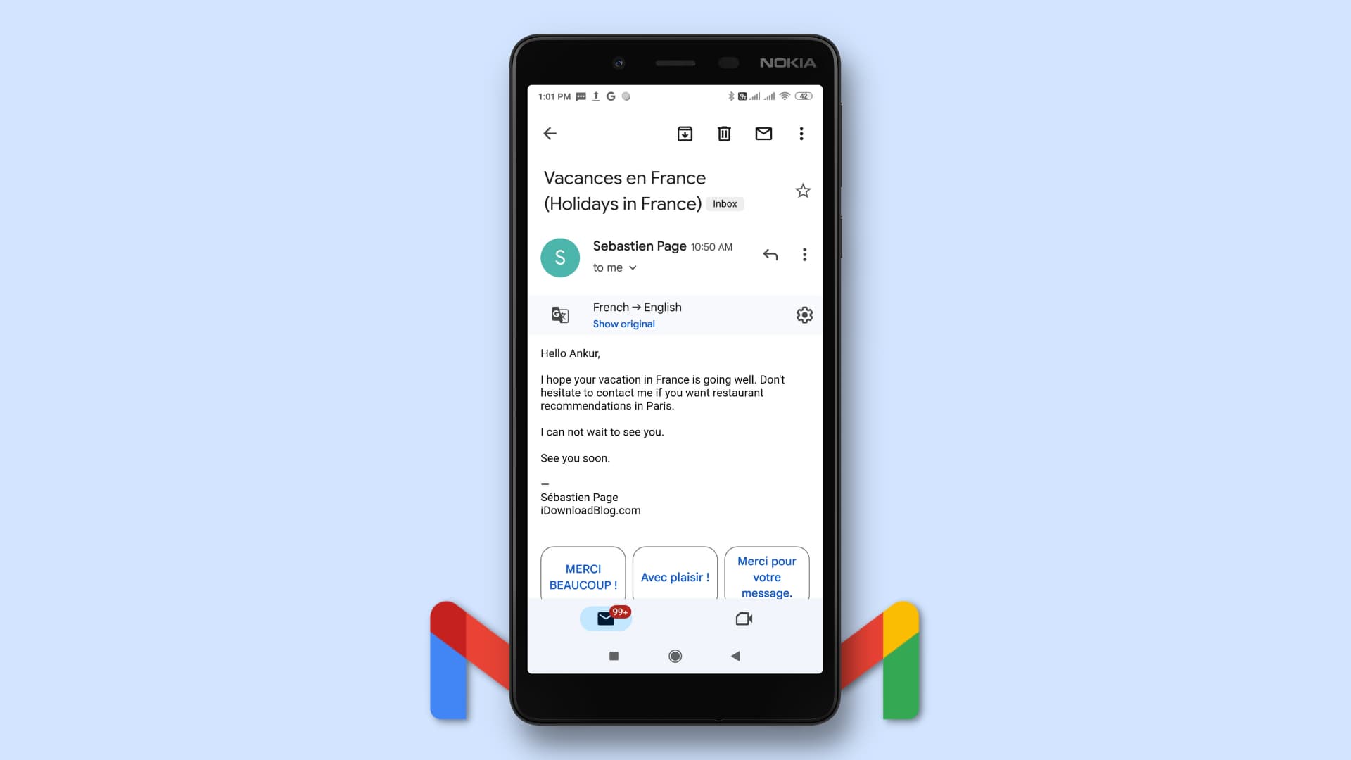 Gmail app on Android showing an email translated from French to English