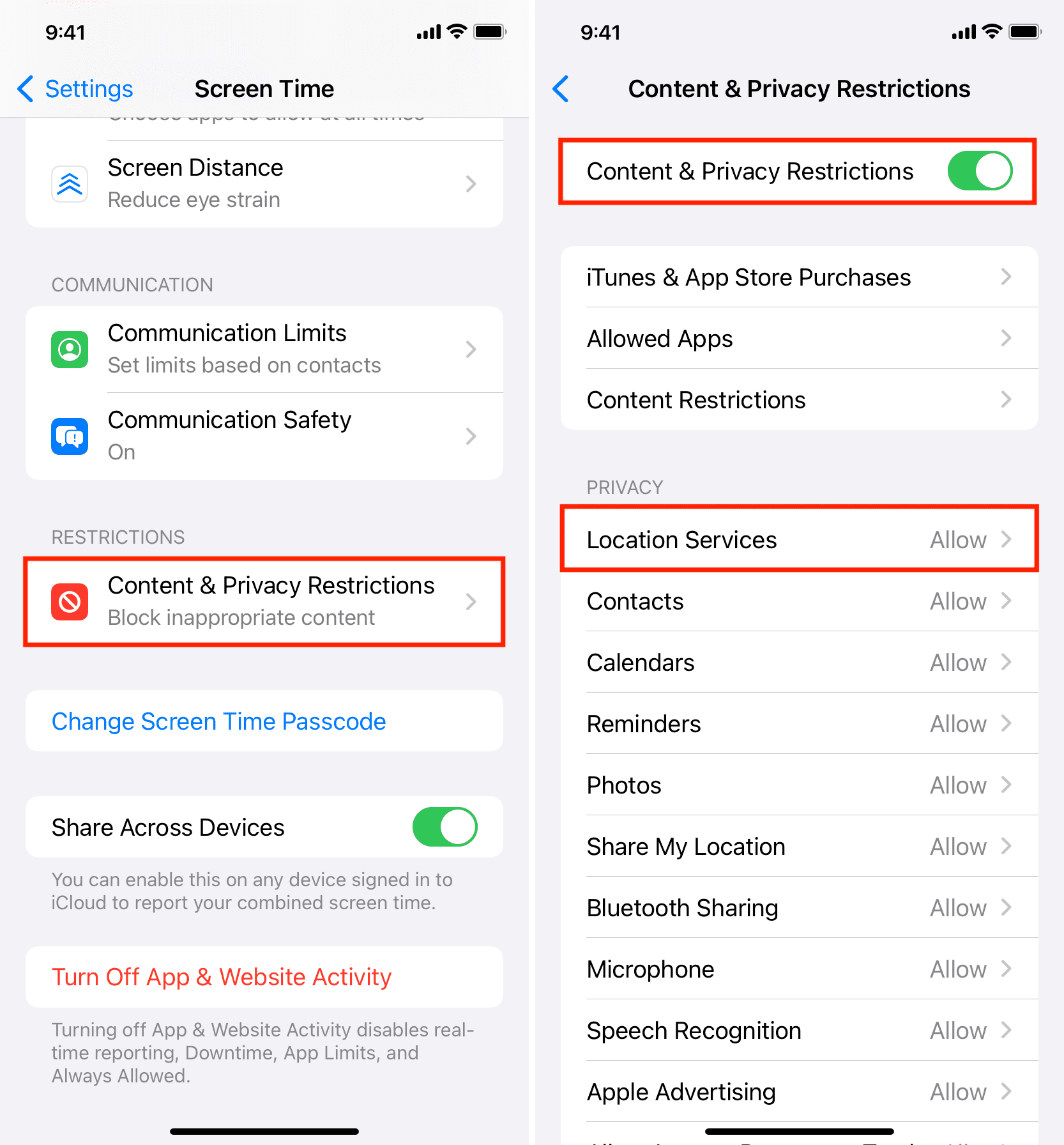 Location Services in Content and Privacy Restrictions on iPhone