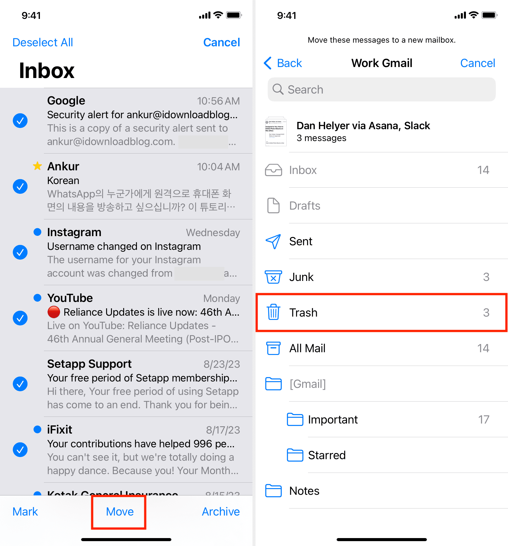 Move all emails to trash in Mail app on iPhone