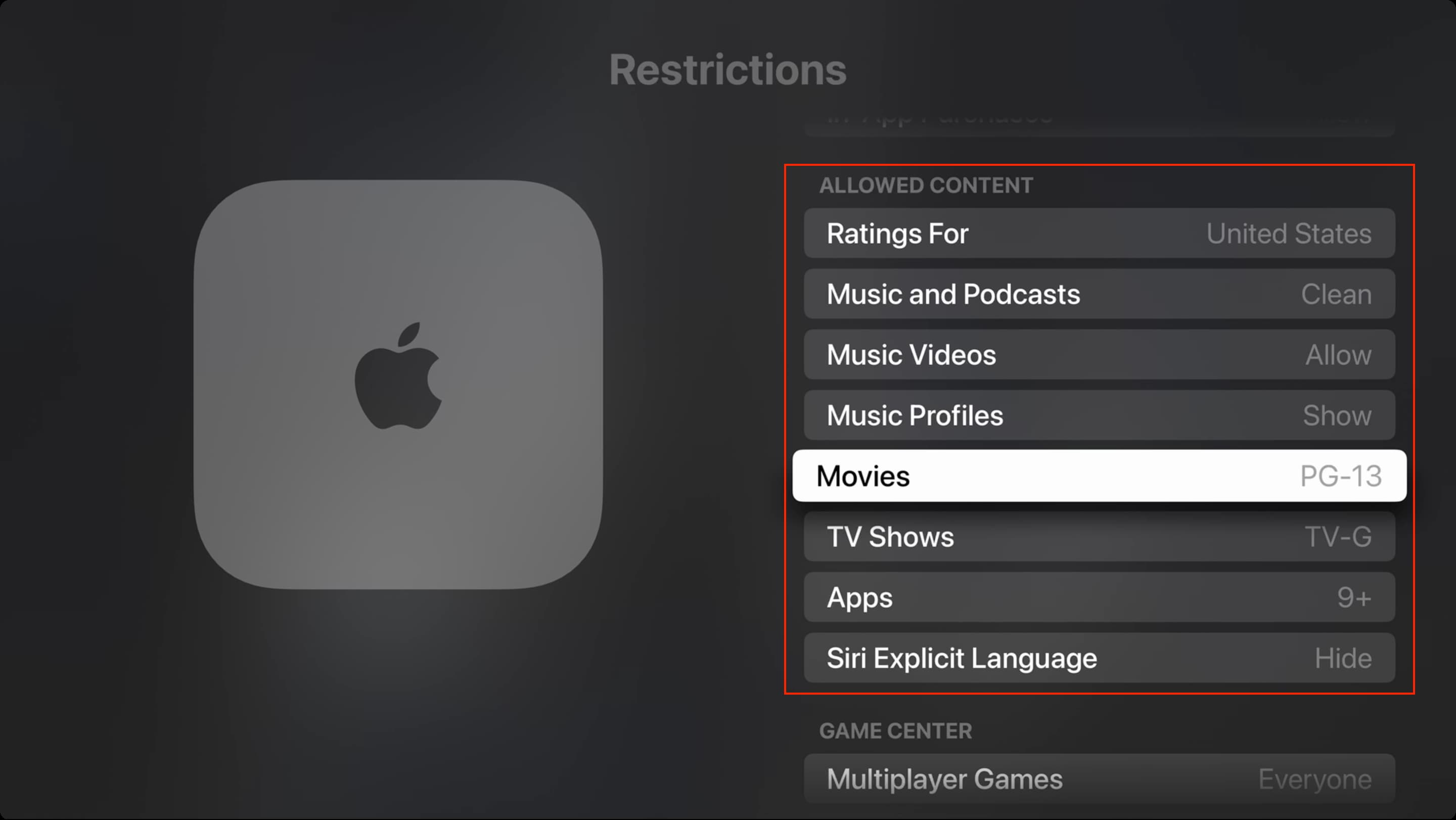 Movie, TV Show, Music and other restrictions on Apple TV to make them child-appropriate