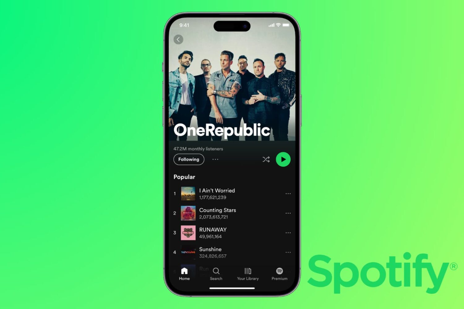 One Republic artist page in Spotify app on iPhone