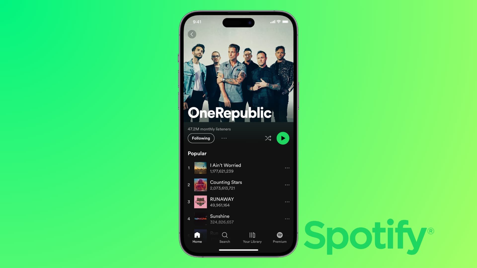 One Republic artist page in Spotify app on iPhone