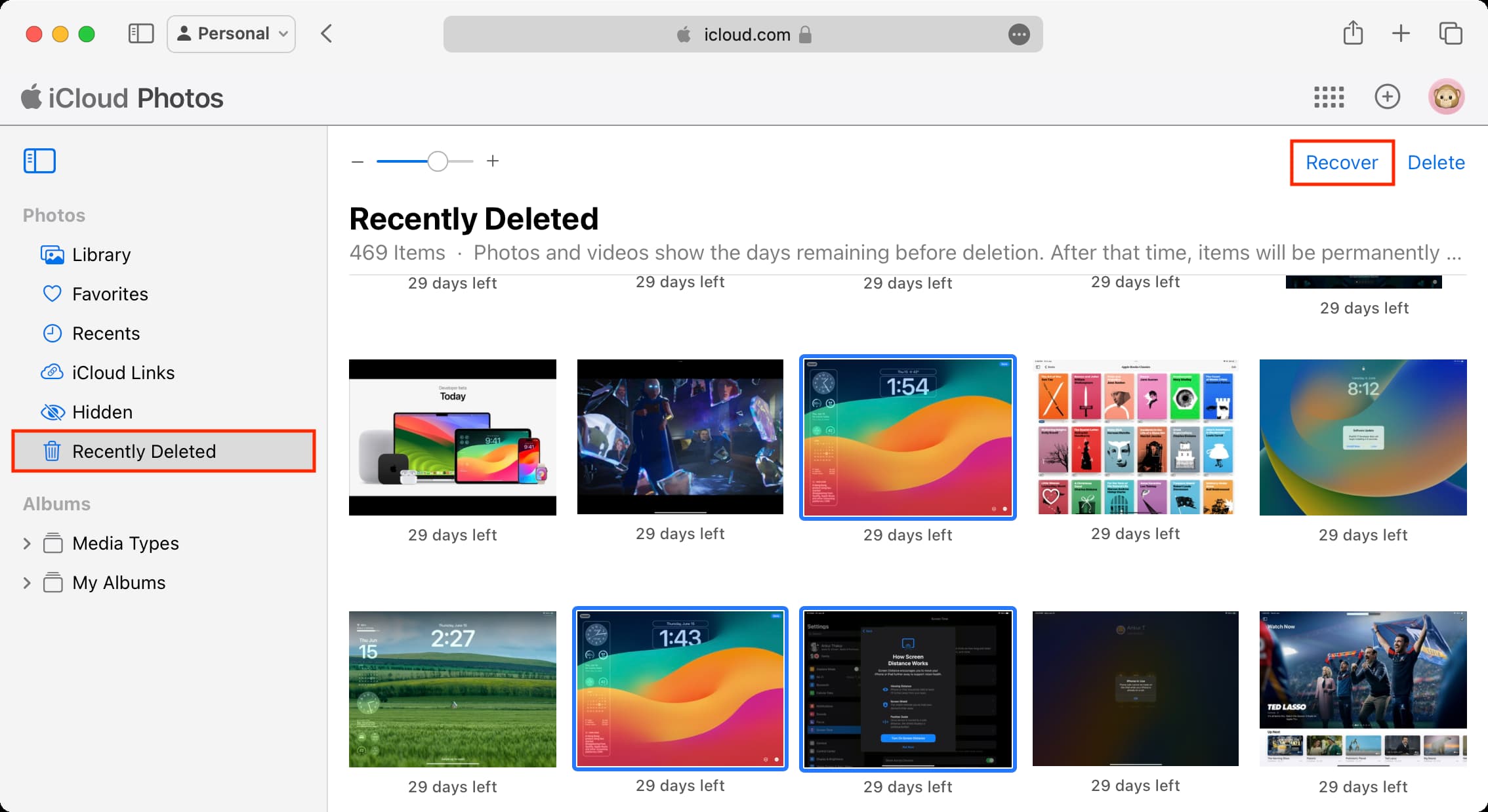 Recover deleted pictures from iCloud Photos on web