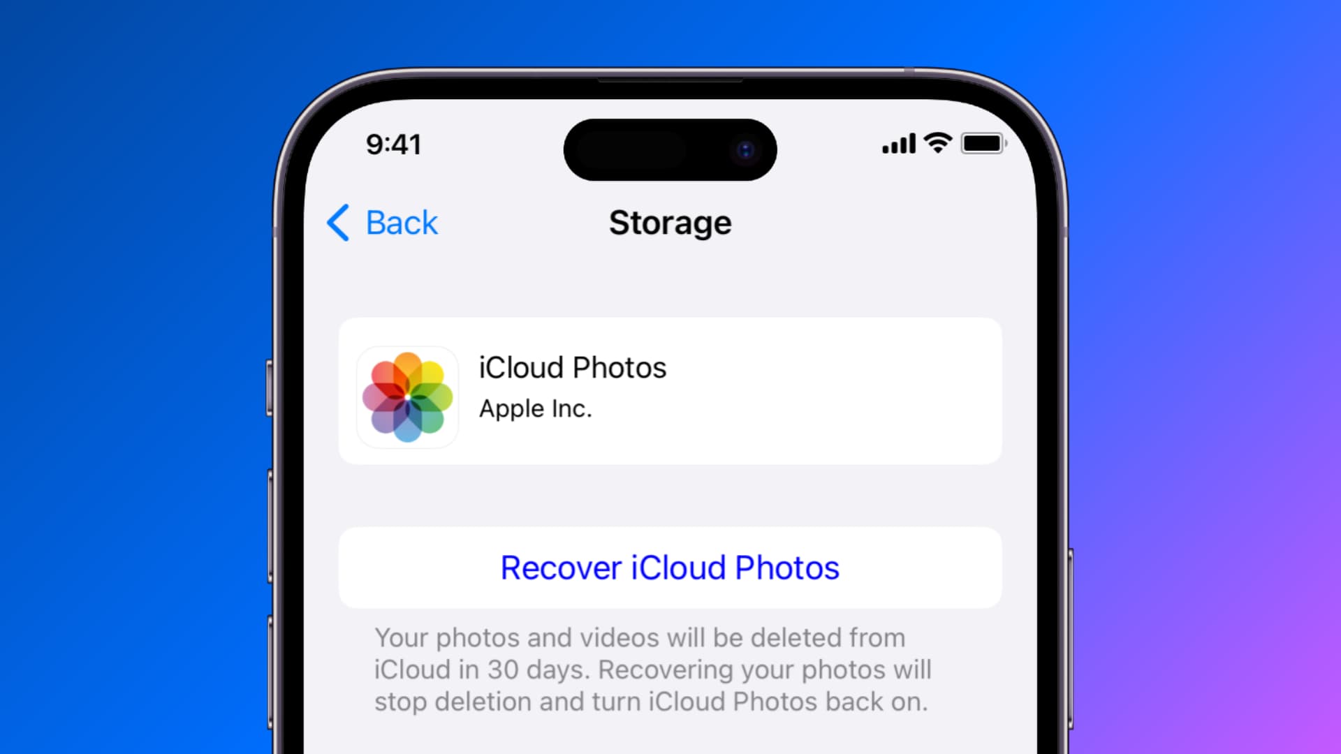 Recover iCloud Photos screen on iPhone